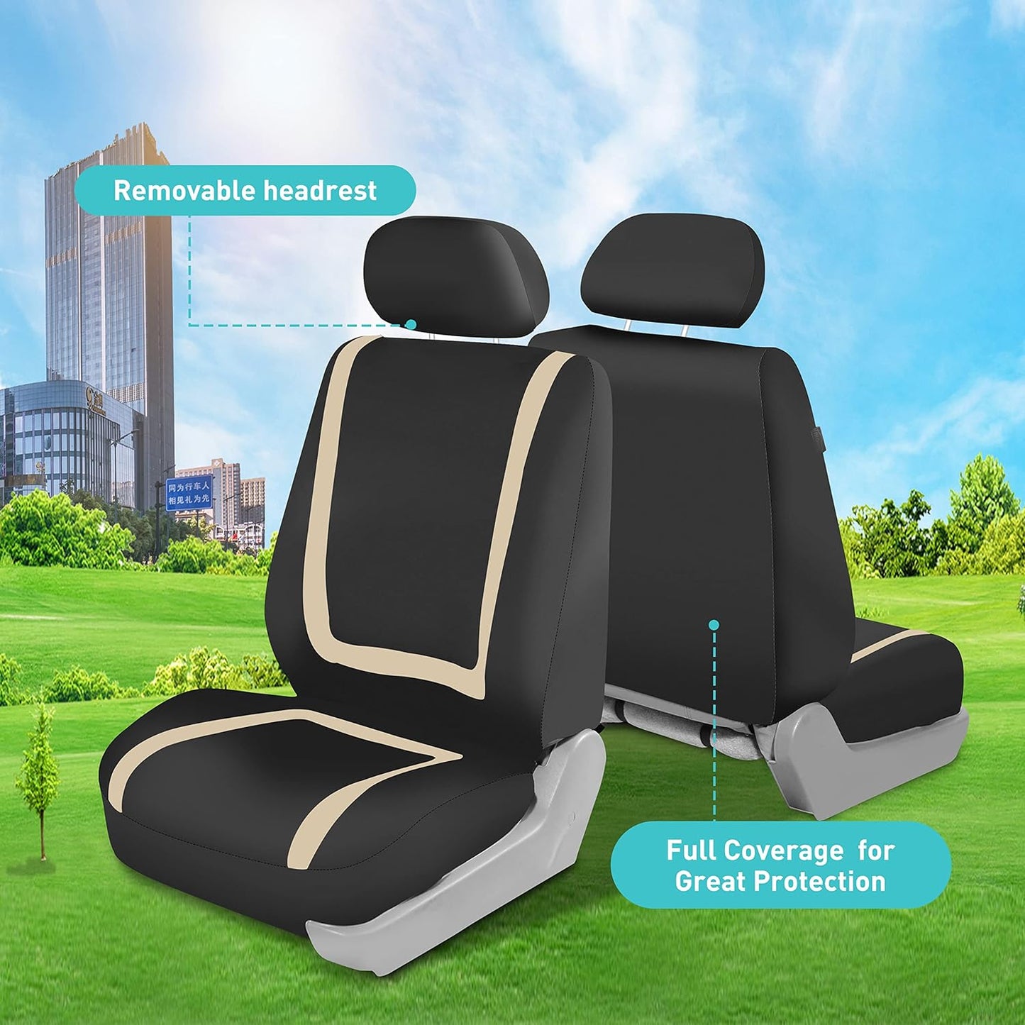 FH-FB032114 Unique Flat Cloth Seat Cover w. 4 Detachable Headrests and Solid Bench Beige/Black