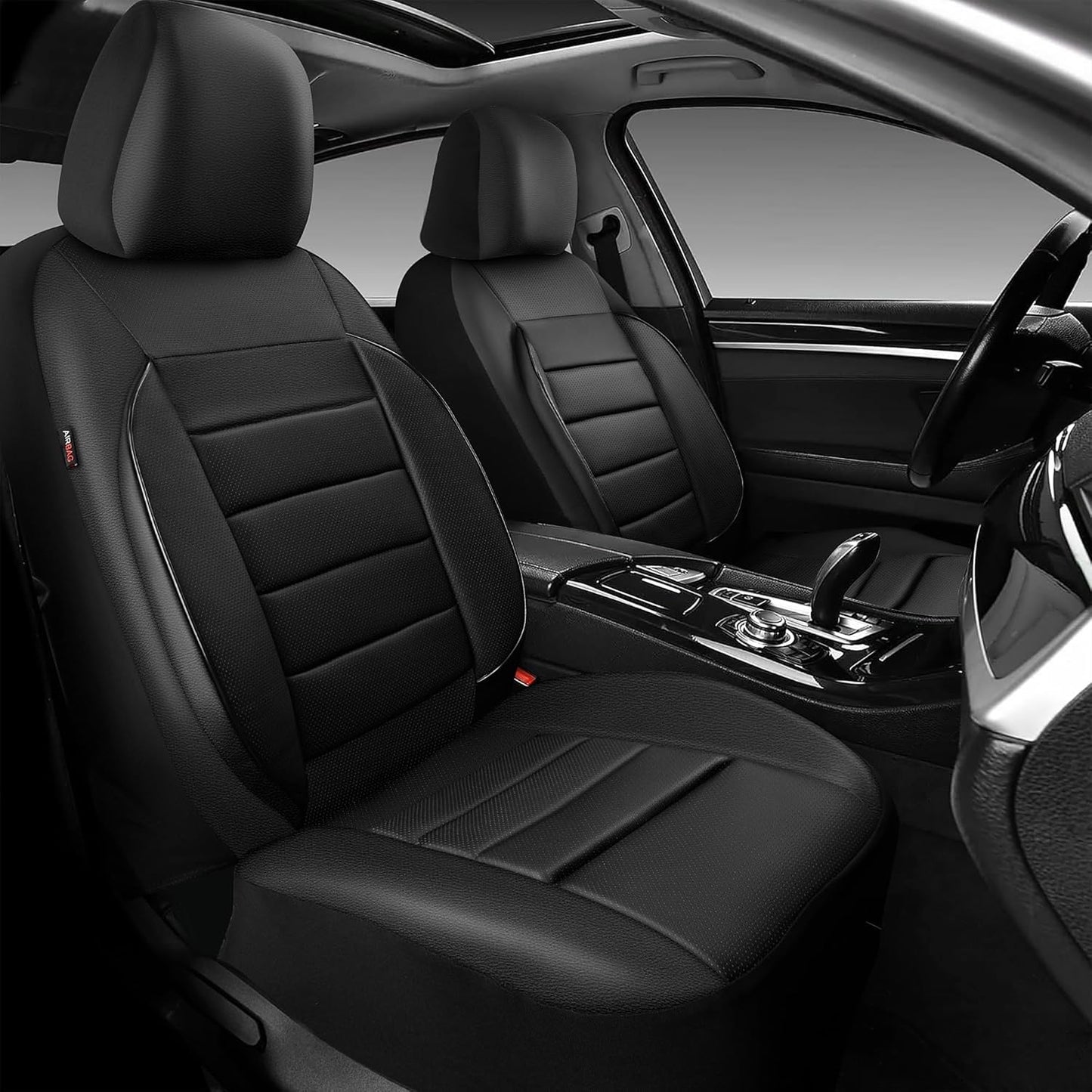CAR PASS Leather Seat Covers Full Set Universal Water Resistant 3D Foam Back Support, Luxury Comfort Automotive 5 Seat Covers All Season Fit for SUV,Sedan,Van, Airbag Compatible Elegance(Black)