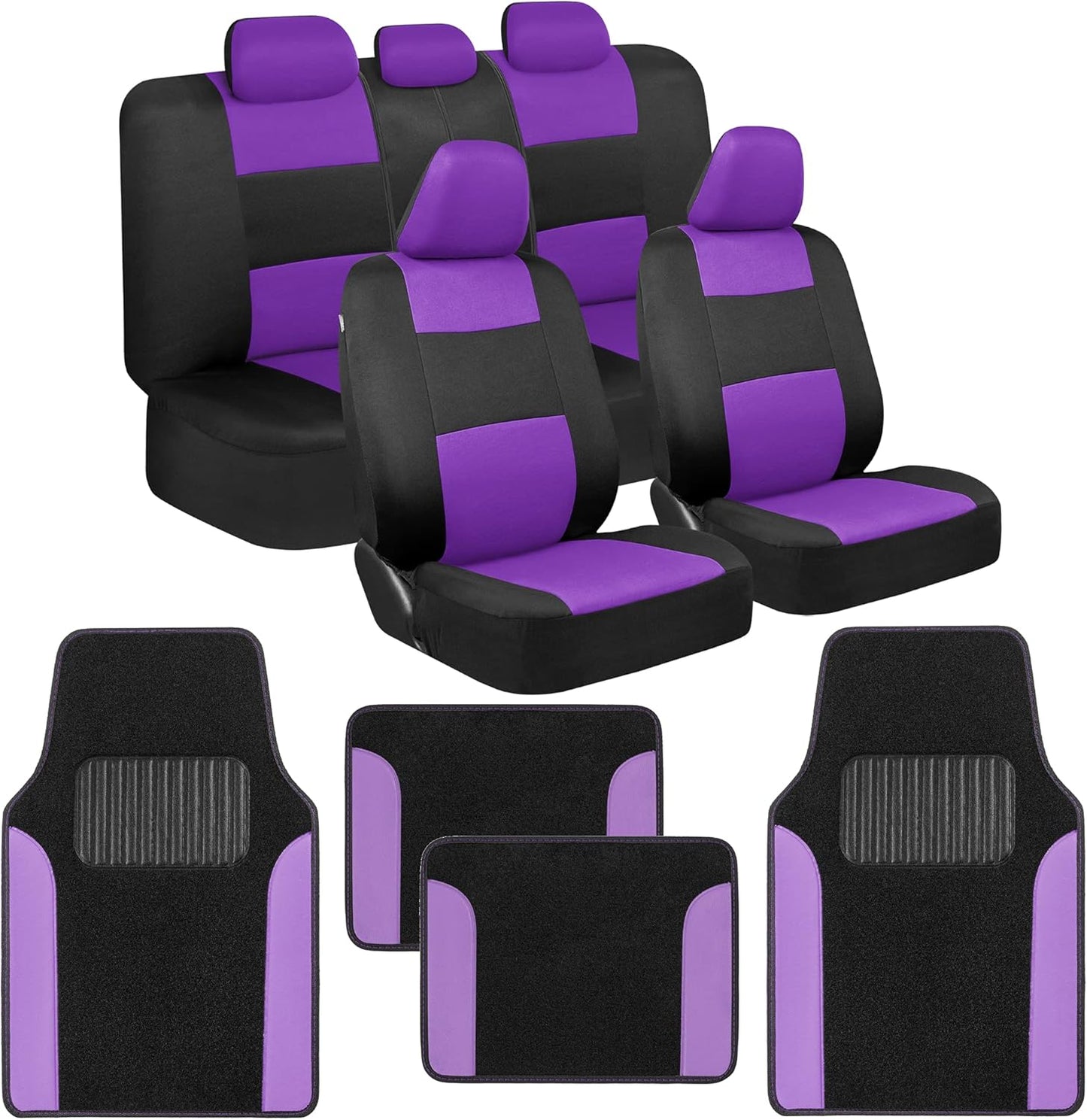 BDK PolyPro Black Car Seat Covers Full Set with Matching Carpet Floor Mats - Automotive Seat Covers for Cars Trucks SUV - Includes Split Bench Rear Seat Cover - Interior Car Accessories