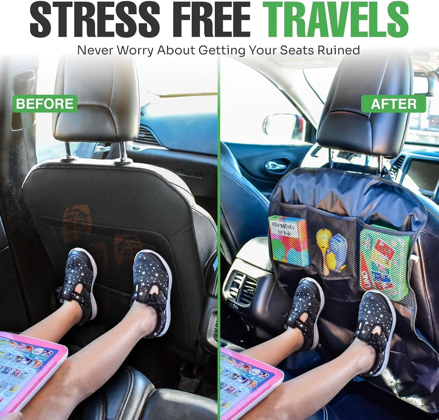 lebogner Back Seat Cover for Kids, 2 Pack Kick Mats Backseat Protector, Car Interior Travel Accessories Waterproof Kick Guard for Vehicles to Protect from Dirt, Mud & Scratches of Kids Feet, Beige