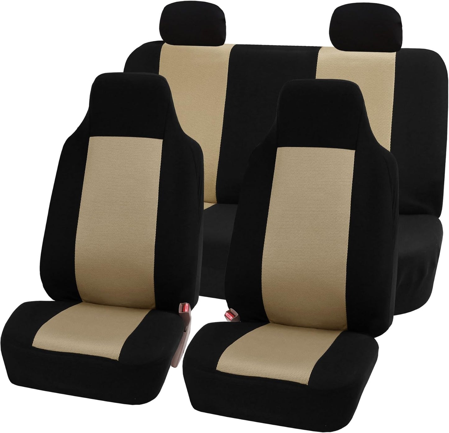 FH Group Fabric Fish Net Stitching Seat Covers W. 2 Rear Headrests and Solid Bench