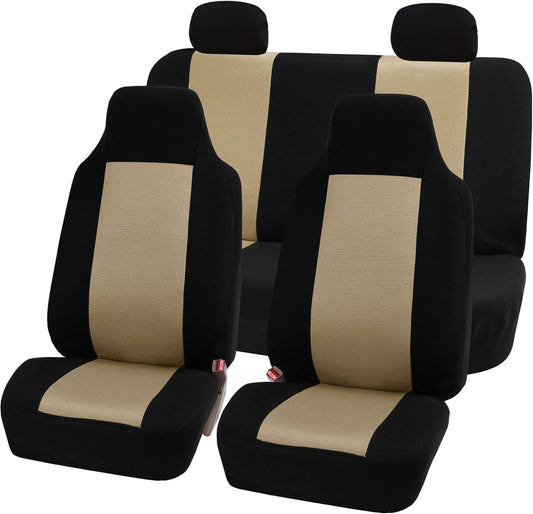 FH Group Fabric Fish Net Stitching Seat Covers W. 2 Rear Headrests and Solid Bench
