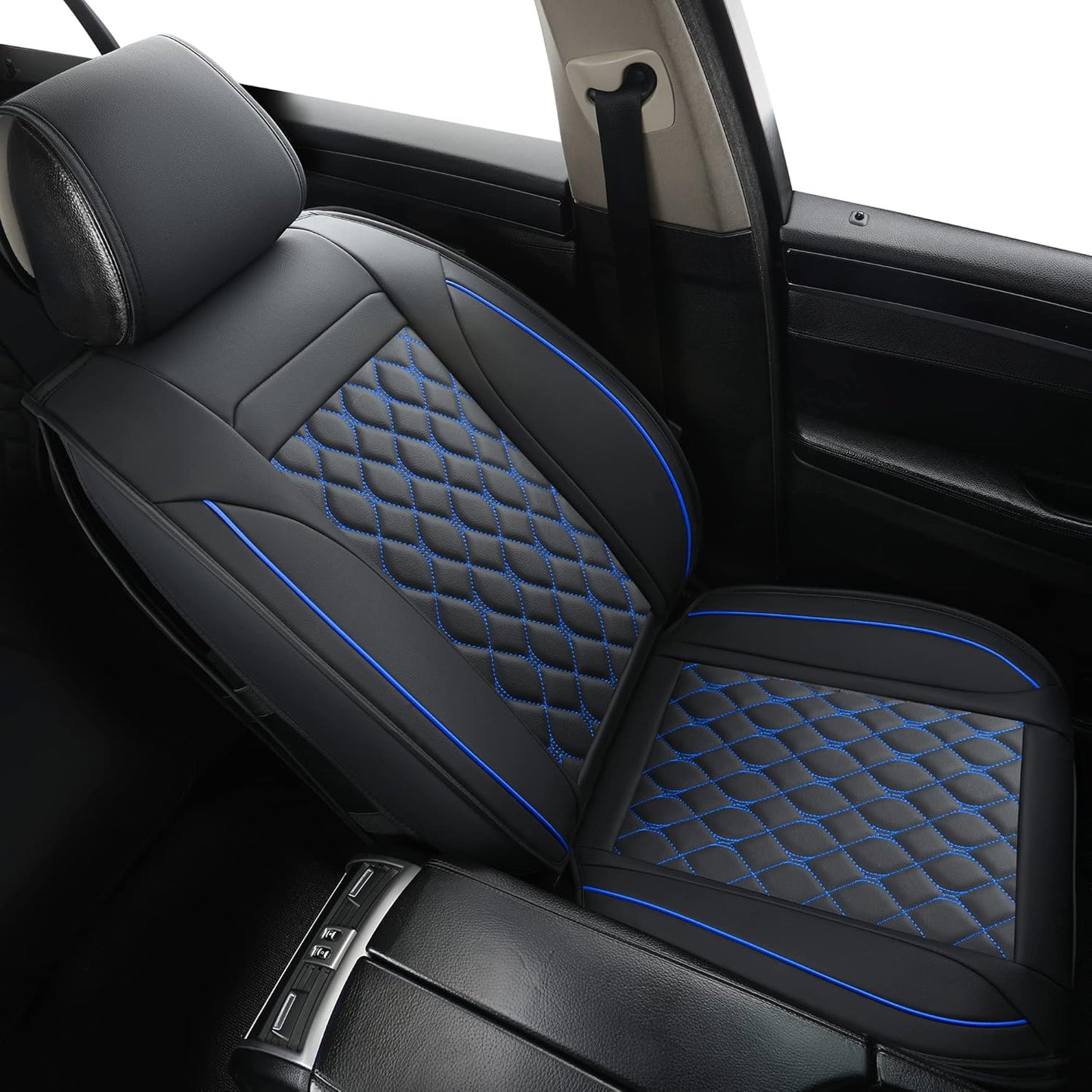 Vankerful Car Seat Covers Front Pair,Universal Fit for Most Cars,SUV,Sedans and Pick-up Trucks,Automotive Faux Leather Vehicle Cushion Covers(Front Pair,Black/Blue)