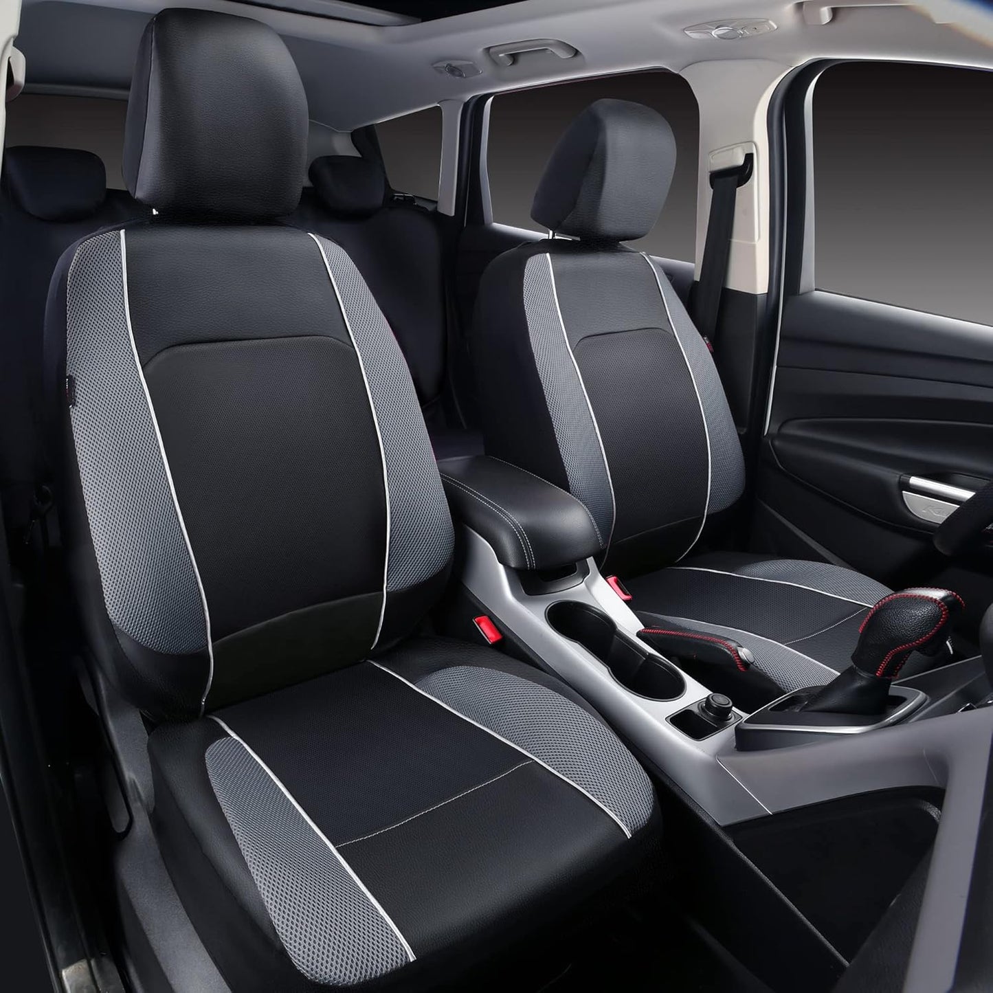 HORSE KINGDOM Universal Car Seat Covers Faux Leather with Air-mesh Breathable Aibag Compatible Fit Cars, Suvs, Sedans, Trucks (Two Front, Gray)
