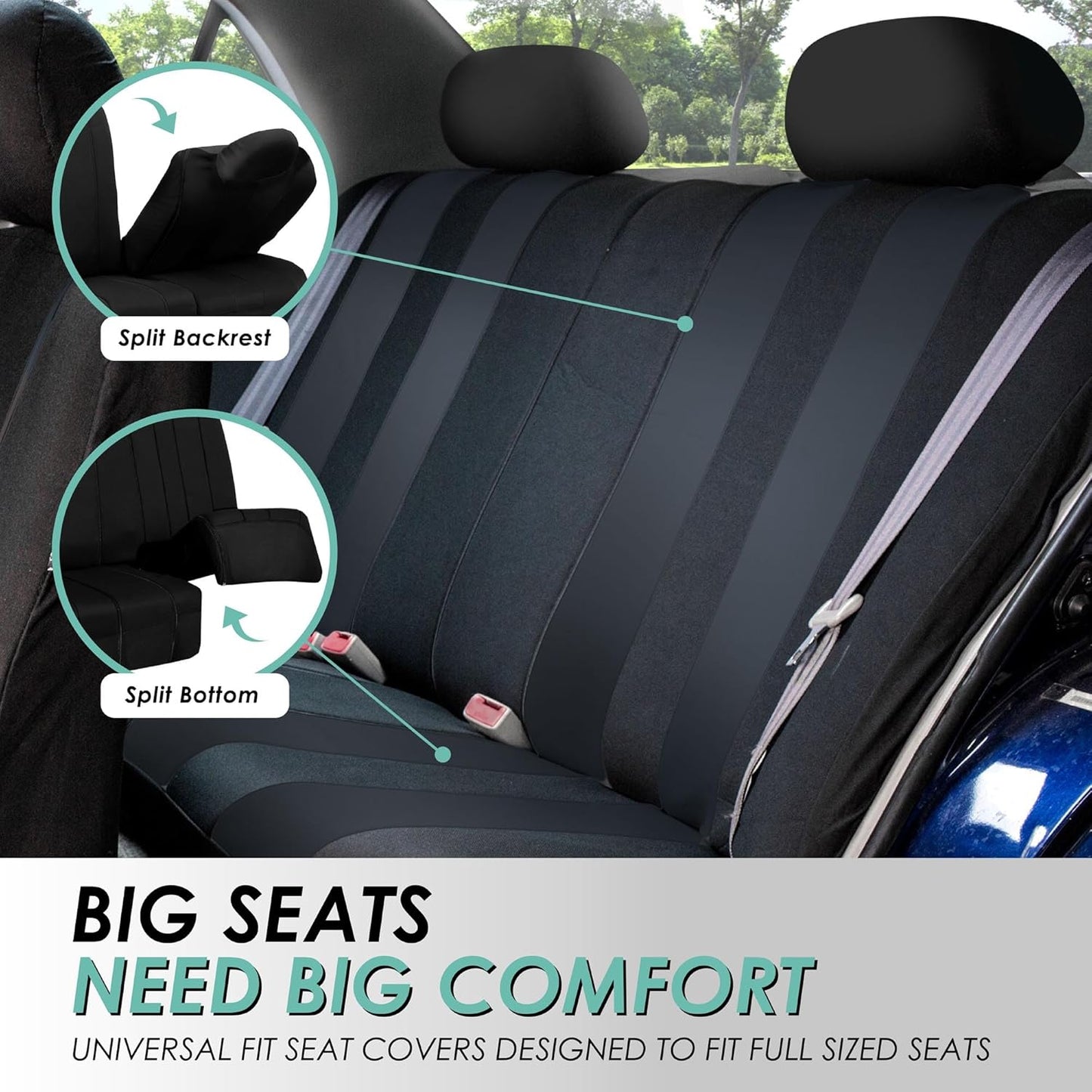 FH Group Car Seat Covers Full Set Cloth - Universal Fit, Automotive Seat Covers,Low Back Front Seat Covers,Airbag Compatible,Split Bench RearSeat,Washable Car SeatCover for SUV,Sedan,Van Black