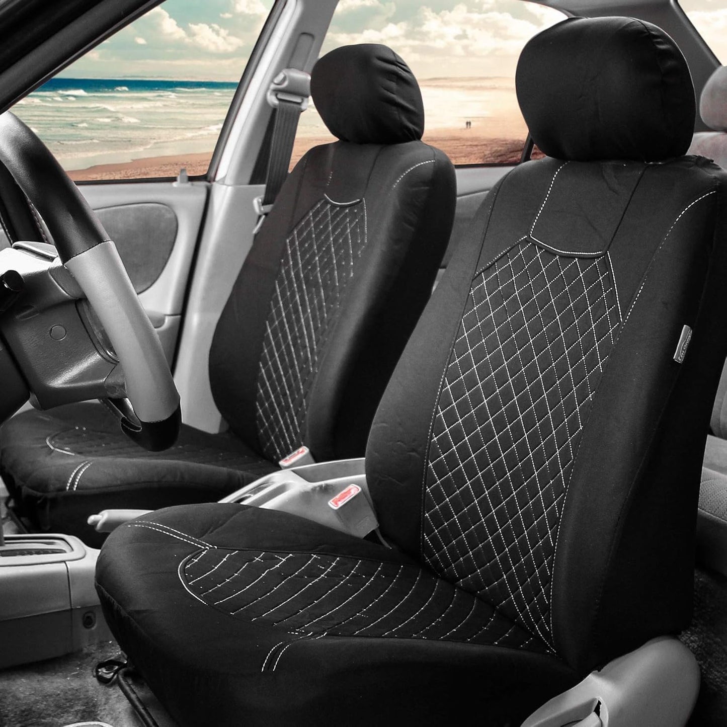 FH-FB066102 Fabric Bucket Seat Covers with Ornate Diamond Stitching White/Black