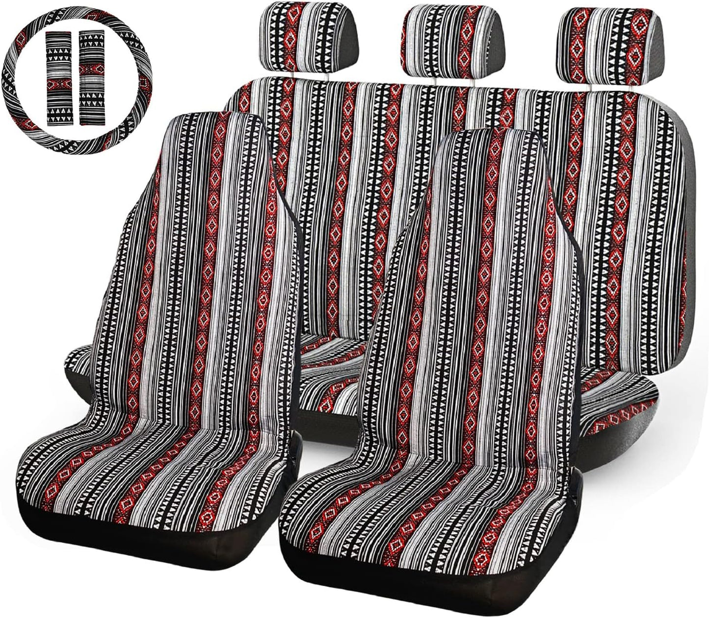 INFANZIA Full Set Seat Covers for Cars with 15'' Steering Wheel Cover & Seat Belt Pads Universal Fit Most Car, Truck, SUV, or Van - 10PCS, Black/Red