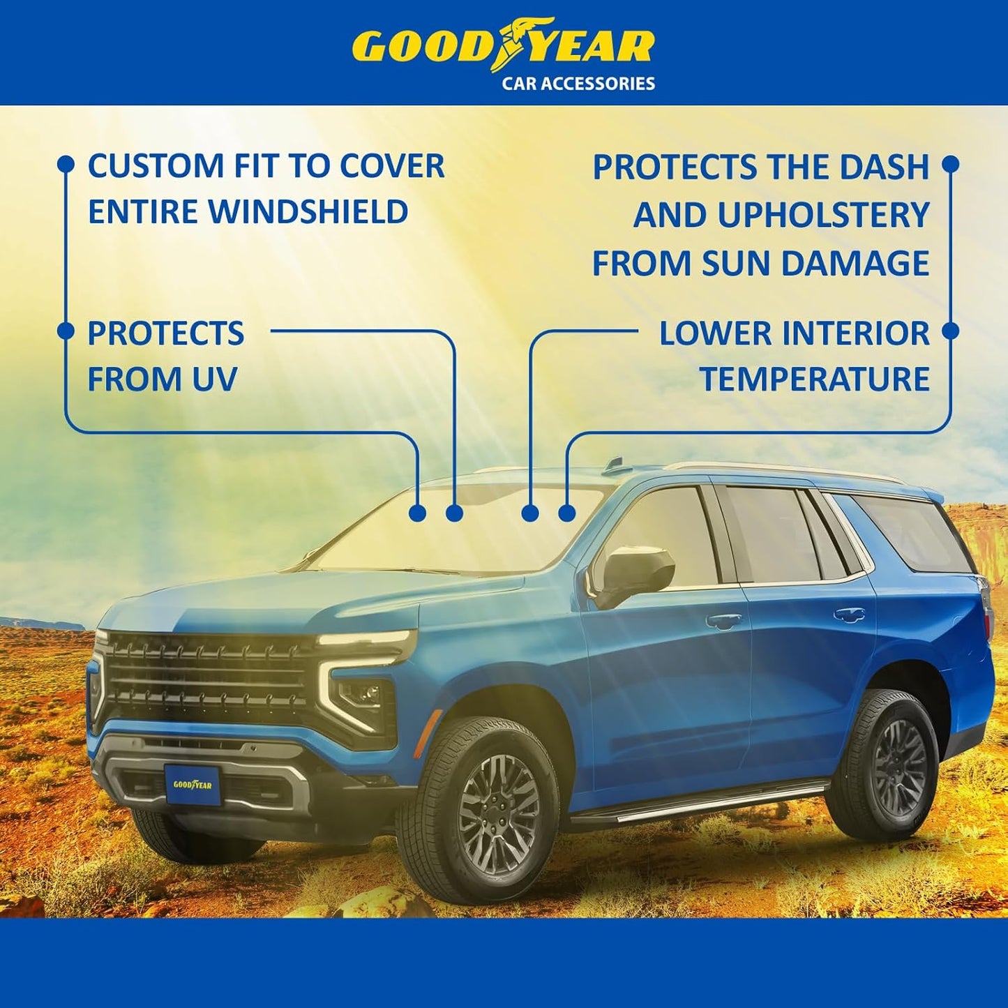 Goodyear Foldable Windshield Sunshade for Chevrolet (Chevy) Tahoe 2021-2025, SUV car Accessories, Sunshade Cover, Sun Shade Car Windshield, Window Sun Blocker - GY008221