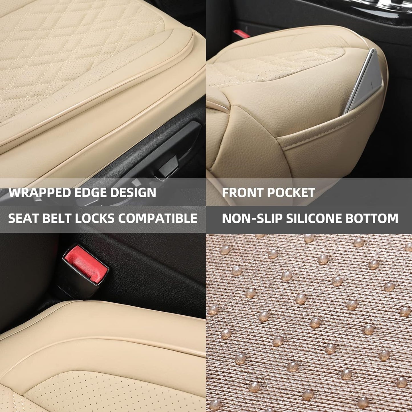 Car Seat Cover Front PU Leather Seat Covers, 2Pcs Universal Bottom Seat Covers for Cars, Anti-Slip, Storage Bags,Full Wrapping Edge Fits 95% of Vehicles(1 Pair, Beige)