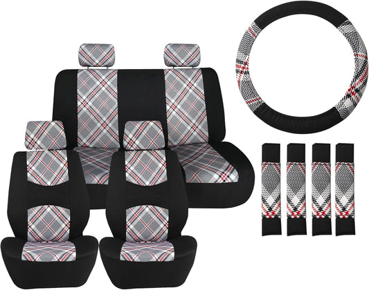 FH Group Car Seat Covers Full Set Plaid Print Cloth - Universal Fit Automotive Seat Covers, Low Back Front Seat Covers, Solid Back Seat Cover, Washable Car Seat Cover for SUV, Sedan, Van Beige