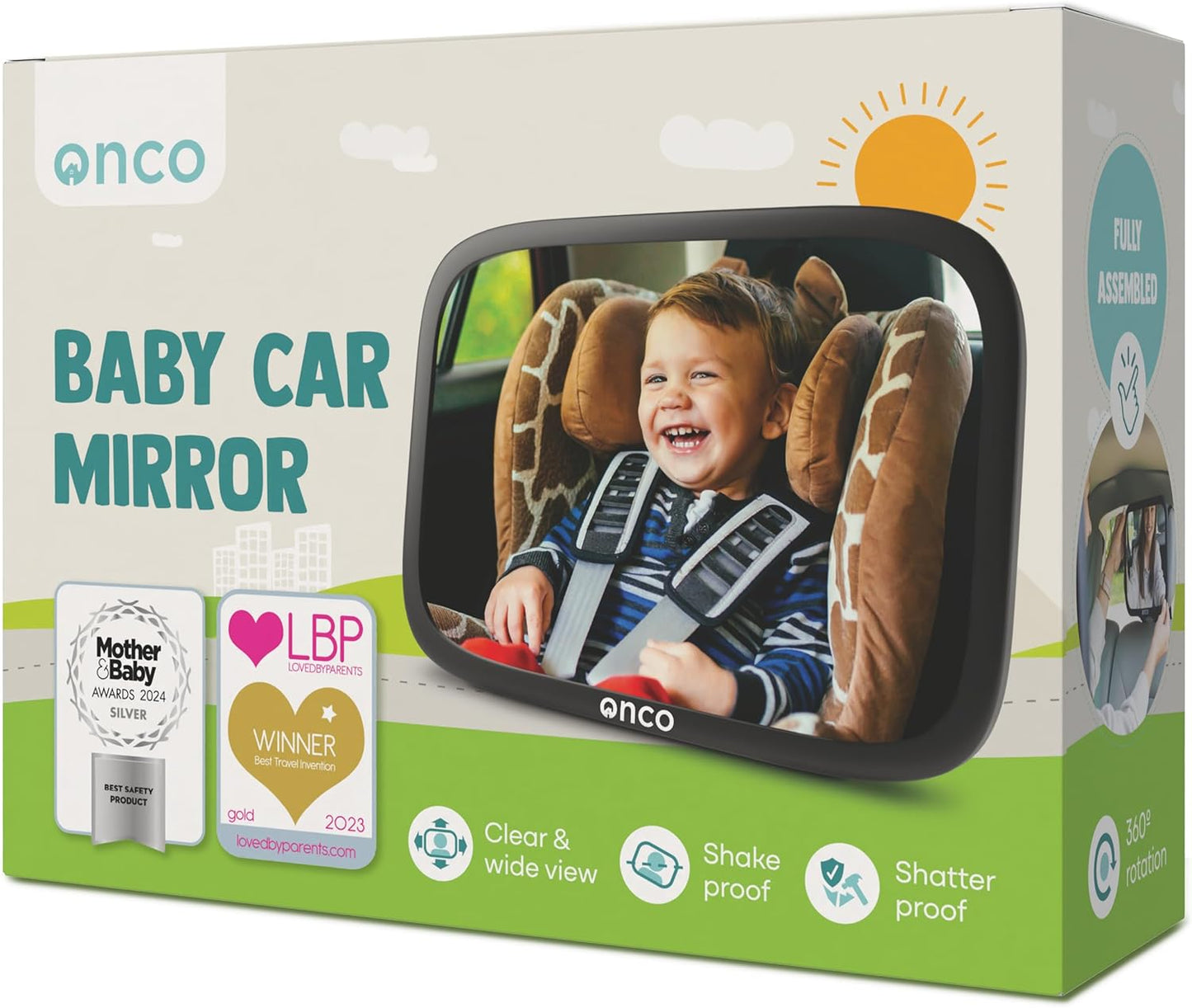 Onco Fixed Headrest Car Mirror - Tesla-Compatible, 100% Shatterproof & Shake-Proof for Baby Rear Facing, Adjustable Seat Mirror for Car Journeys