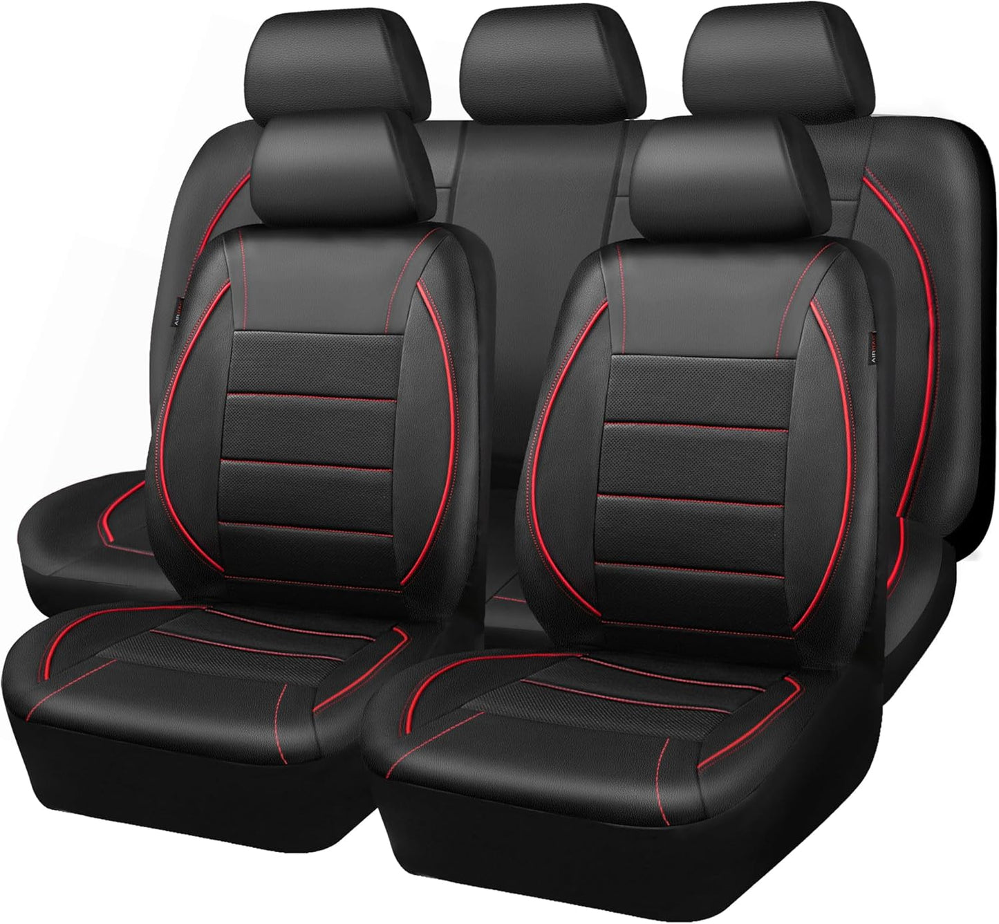 CAR PASS Universal FIT Piping Leather Car Seat Cover, for suvs,Van,Trucks,Airbag Compatible,Inside Zipper Design and Reserved Opening Holes (Full seat Covers, Black and Beige)