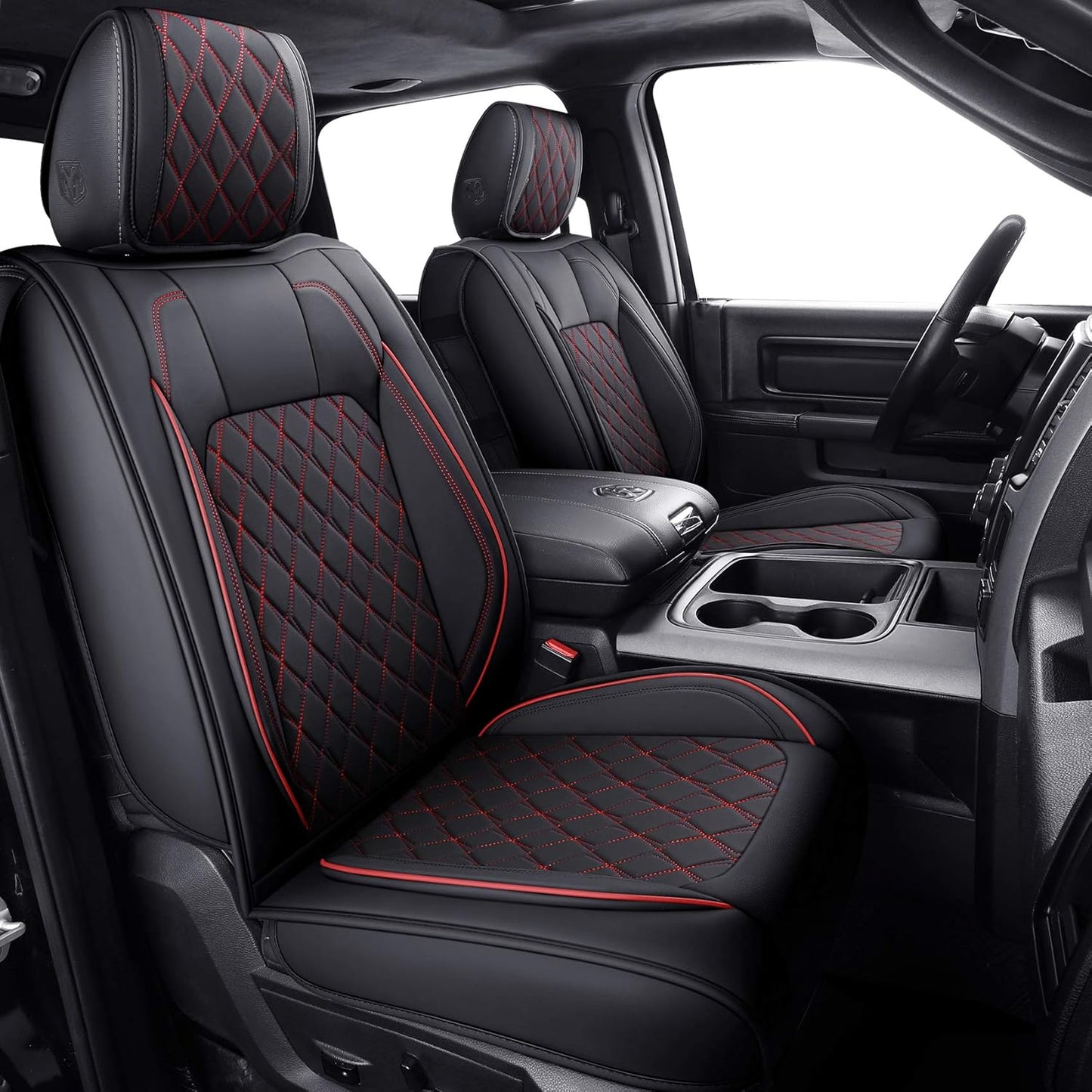 Aierxuan 2 PCS Front Seat Covers for Dodge Ram Custom Fit 2009-2025 1500/2500/3500 Pickup Truck Crew Quad Regular Cab Waterproof Leather Cushions(2 PCS Front/Black)