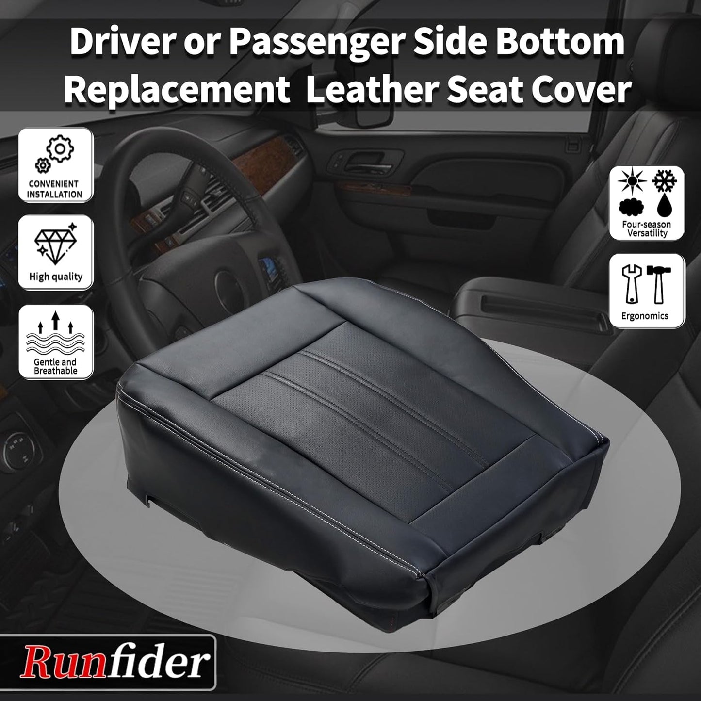 runfider Black Driver or Passenger Side Bottom Replacement Leather Seat Cover Compatible with Chrysler Town & Country Dodge Grand Caravan 2011 2012 2013 2014 2015 2016