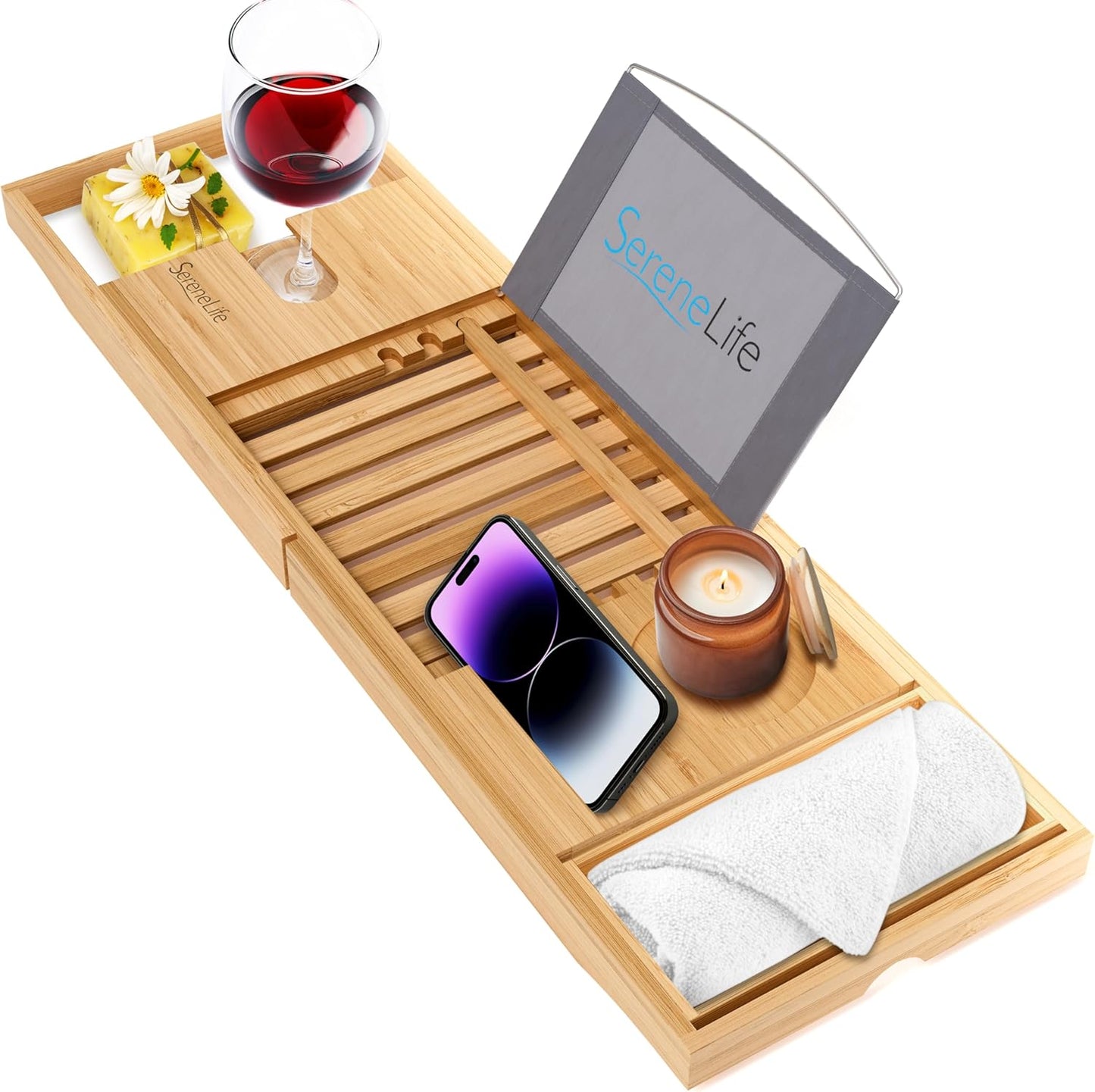 SereneLife Bath Caddy Breakfast Tray Combo - Natural Bamboo Wood Bathtub Caddy and Bed Tray with Folding Slide-Out Arms, Device Grooves, Wine Glass and Soap Holder
