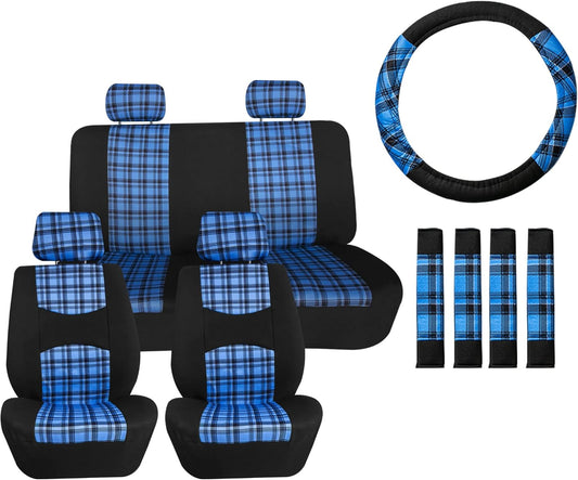 TLH Universal Car Seat Covers Tartan57 Plaid Print Blue Car Seat Covers Full Set in Flat Cloth, Automotive Interior Accessories Protector Universal Fit Seat Covers for Most Cars, Trucks, SUVs or Vans