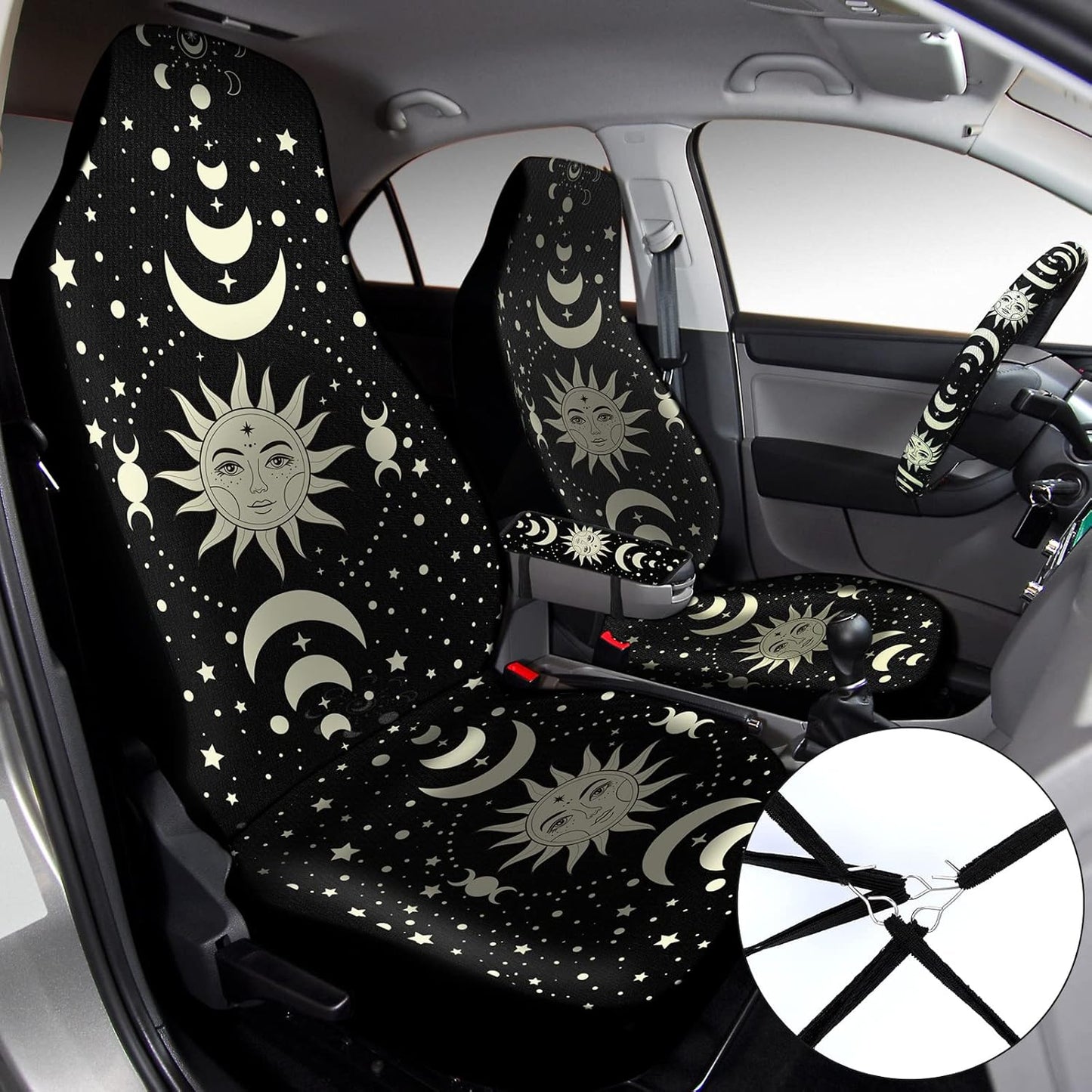 Fiada 10 Pcs Moon Star Car Seat Covers Full Set Car Accessories for Women Front Seat Cover Steering Wheel Armrest Cover Belt Cover Cup Holder for Auto SUV Interior Decoration(Witch)