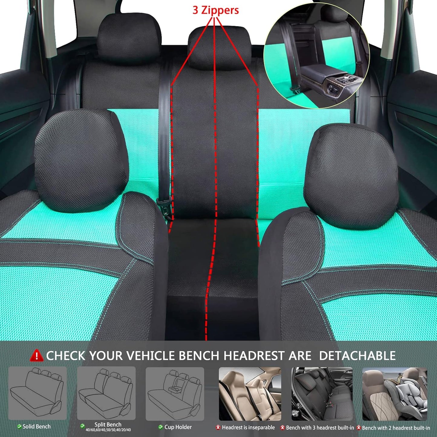 CAR PASS Universal 13PCS 3D Air Mesh-100% Breathable Seat Covers Full Sets#Steering Wheel&Belt Cover #Airbag and Rear Split Bench Compatible#for 90% Automotive SUV Truck Cute Women Black Mint