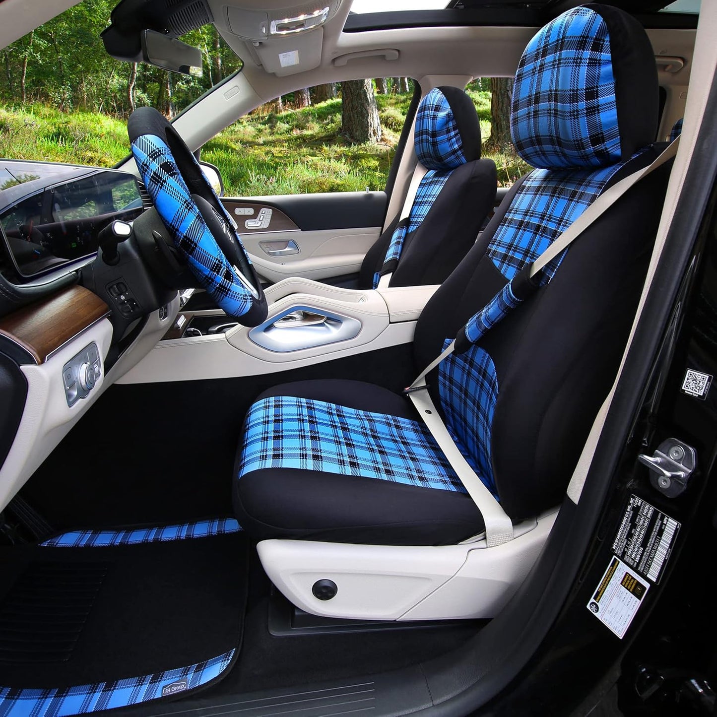FH Group Car Seat Covers Full Set Plaid Print Blue Cloth - Universal Fit Automotive Seat Covers, Low Back Front Seat Covers, Solid Back Seat Cover, Washable Car Seat Cover for SUV, Sedan, Van