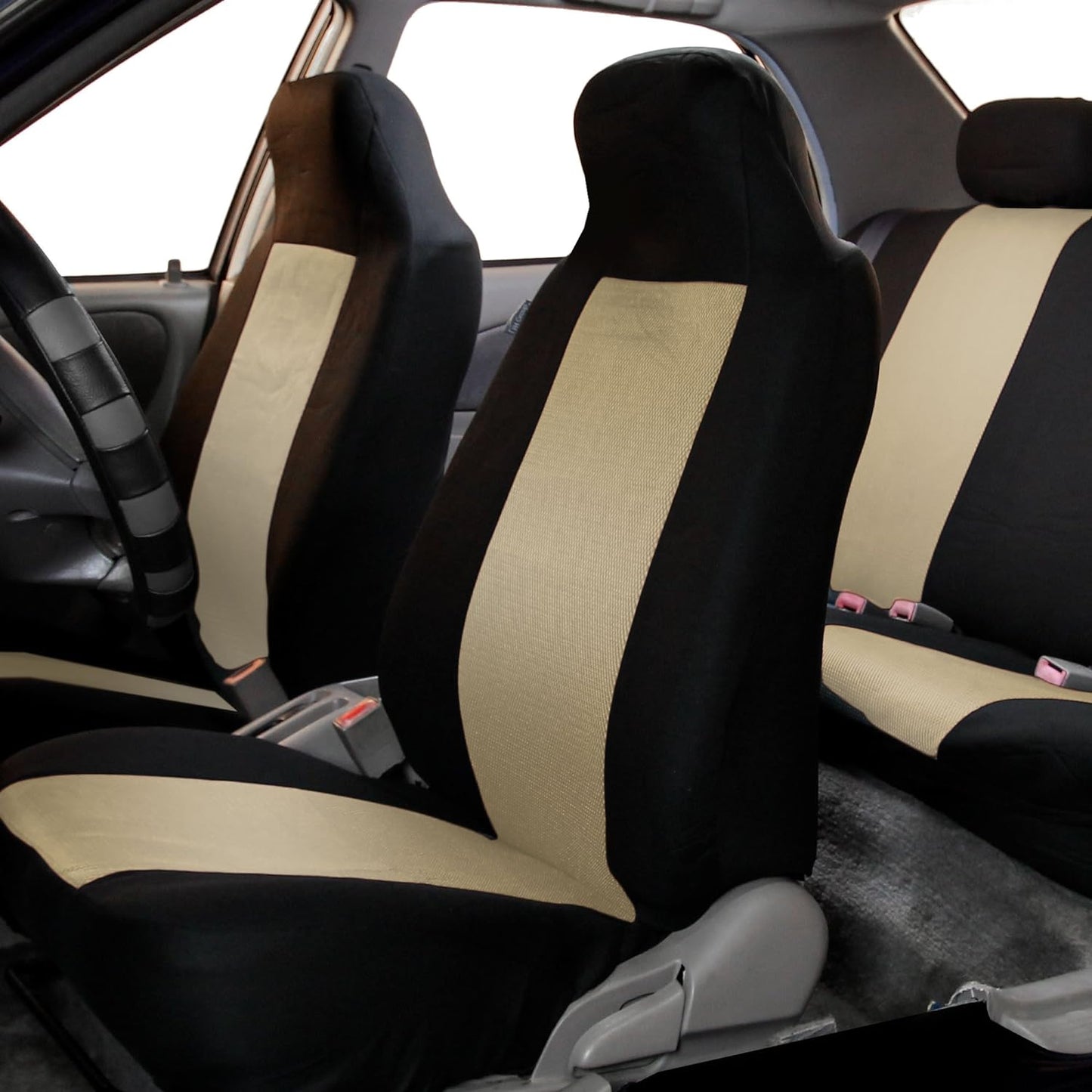 FH Group Fabric Fish Net Stitching Seat Covers W. 2 Rear Headrests and Solid Bench