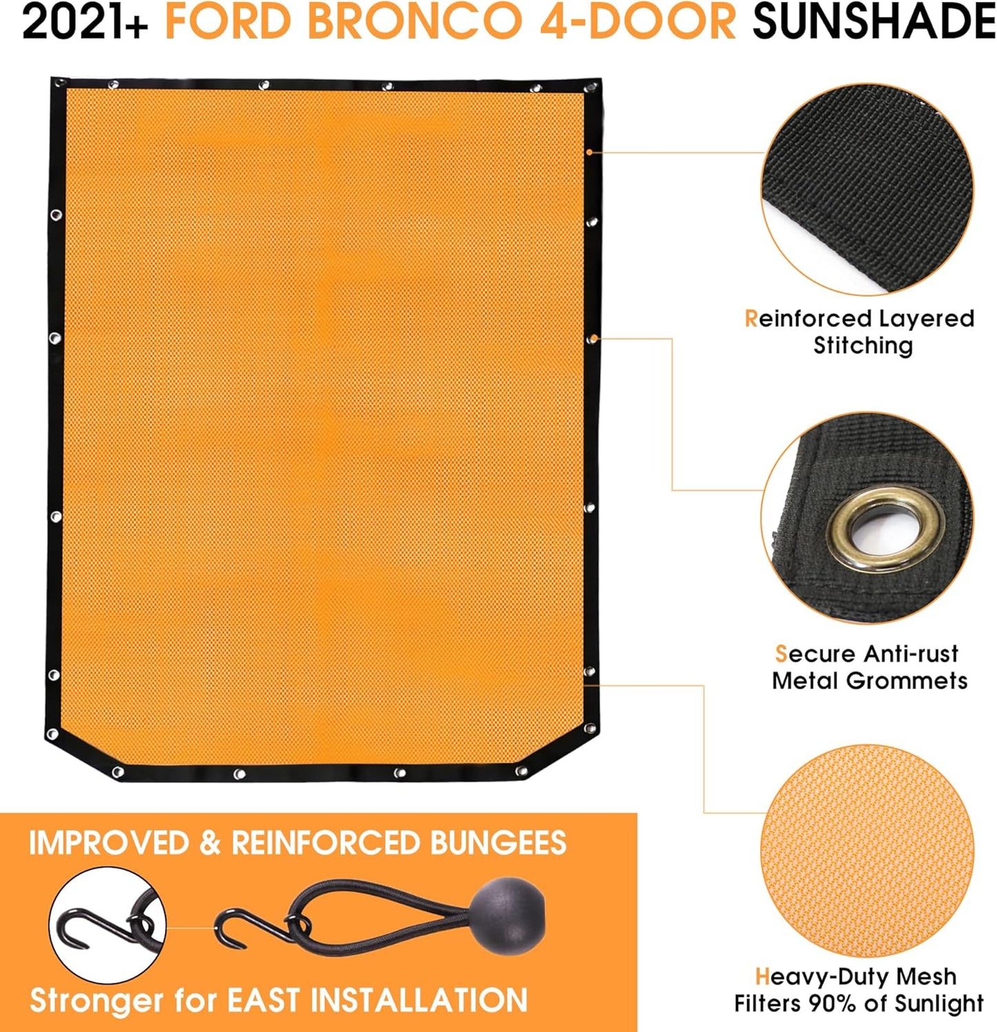 BESTAOO Sunshade for Ford Bronco Accessories 2021 2022 2023 2024 2025 4 Door, Front & Rear Full Length Mesh Sun Shade Bimini Top Cover for Bronco 4 Door - Blocks UV, Wind, Noise (Orange)