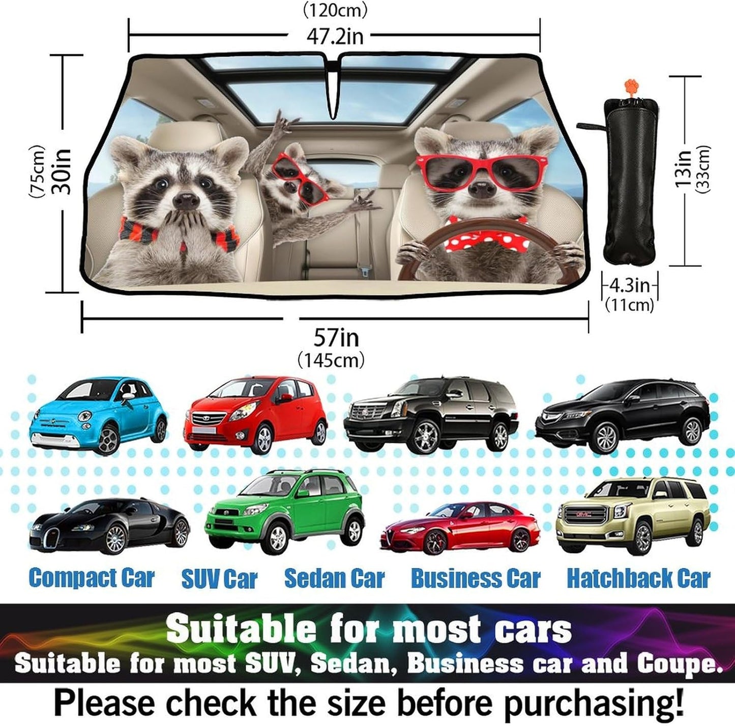 CHILL·TEK Funny Animals Car Windshield Umbrella, Raccoons Sun Shade Umbrellas for Car Front Window, Block UV Rays Foldable Windshield Umbrella Sun Visor Protector-Keep Vehicles Cool for Most Vehicles