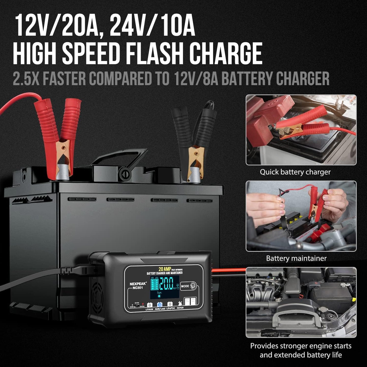 NEXPEAK NC301 20-Amp Car Battery Charger, 12V and 24V Smart Fully Automatic LiFePO4 Lithium Battery Charger Maintainer Trickle Charger w/Temp Compensation for Car Truck Lawn Mower Boat Batteries
