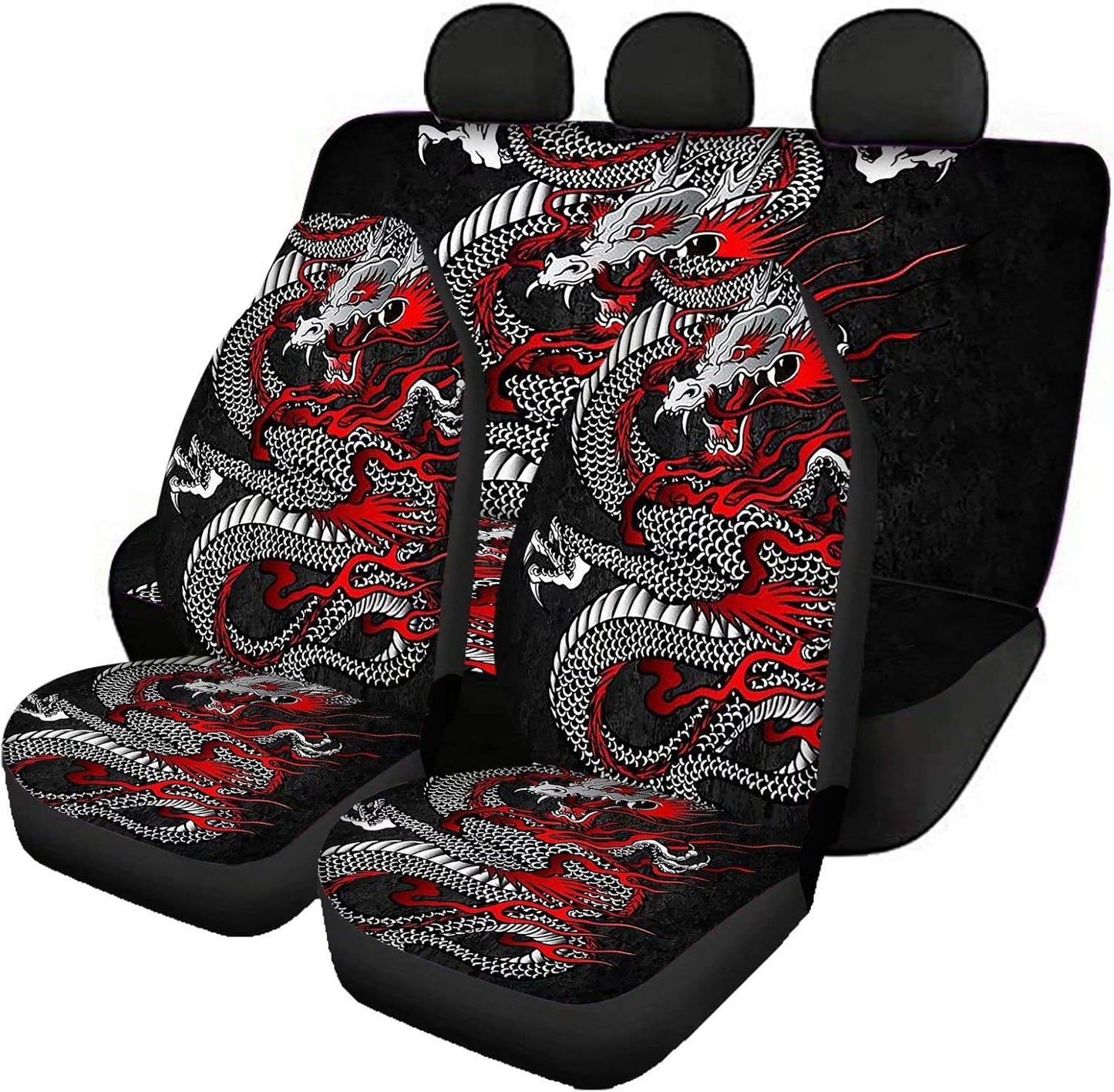 AFPANQZ Oriental Dragon Print Car Seat Covers Full Set for Back Seat Front Seats Universal Fit Most Cars SUVs Trucks Vans Comfortable Auto Seat Protection Full Set for Women Men Black Red