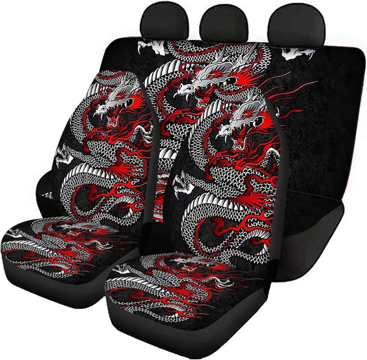 AFPANQZ Oriental Dragon Print Car Seat Covers Full Set for Back Seat Front Seats Universal Fit Most Cars SUVs Trucks Vans Comfortable Auto Seat Protection Full Set for Women Men Black Red