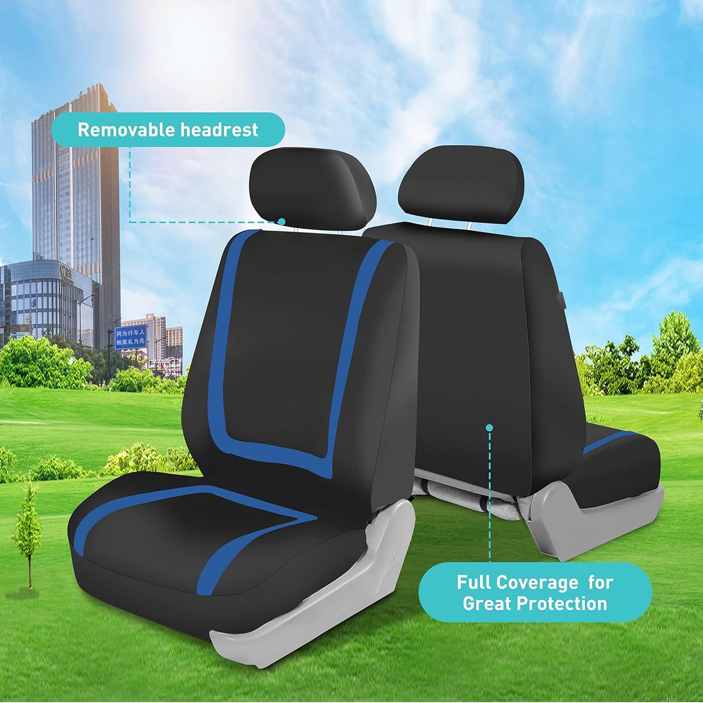 FH-FB032114 Unique Flat Cloth Seat Cover w. 4 Detachable Headrests and Solid Bench Blue/Black
