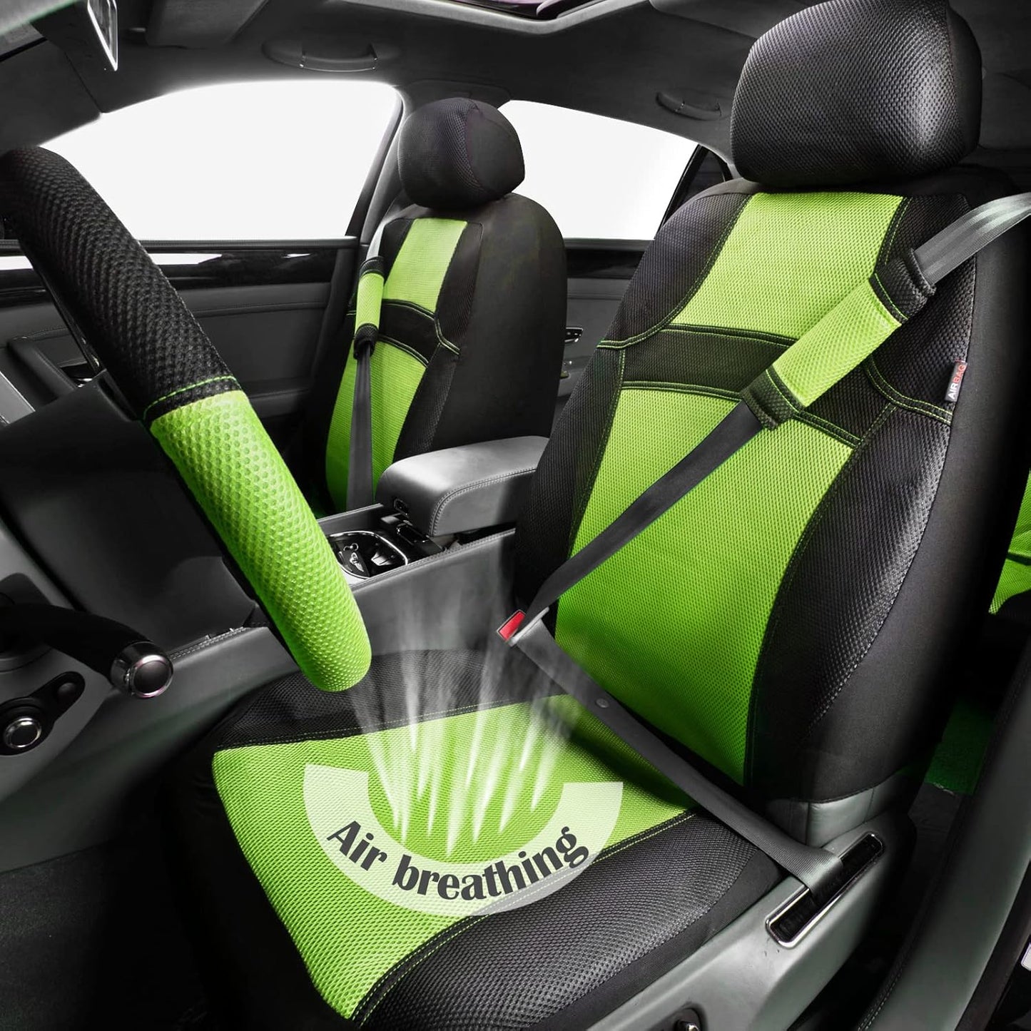 CAR PASS Universal 13PCS 3D Air Mesh-100% Breathable Seat Covers Full Sets#Steering Wheel&Belt Cover #Airbag and Rear Split Bench Compatible#for 90% Automotive SUV Truck Cute Women Black Mint
