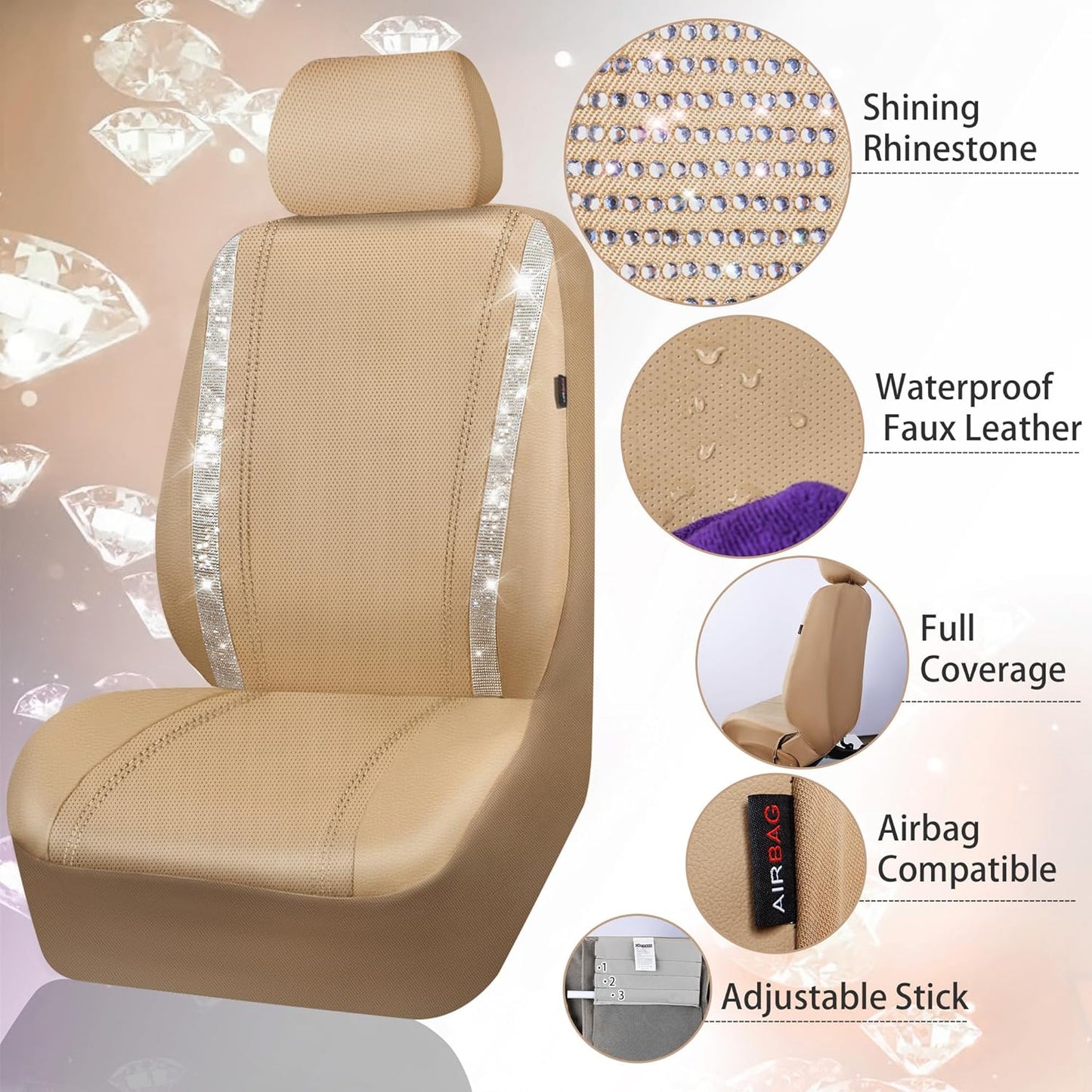 CAR PASS Bling Car Seat Covers Full Set, Shining Glitter Rhinestone Diamond Waterproof Faux Leather Interior Sets Universal Fit Automotive Glitter Crystal Sparkle Strips for Cute Women Girl, Beige