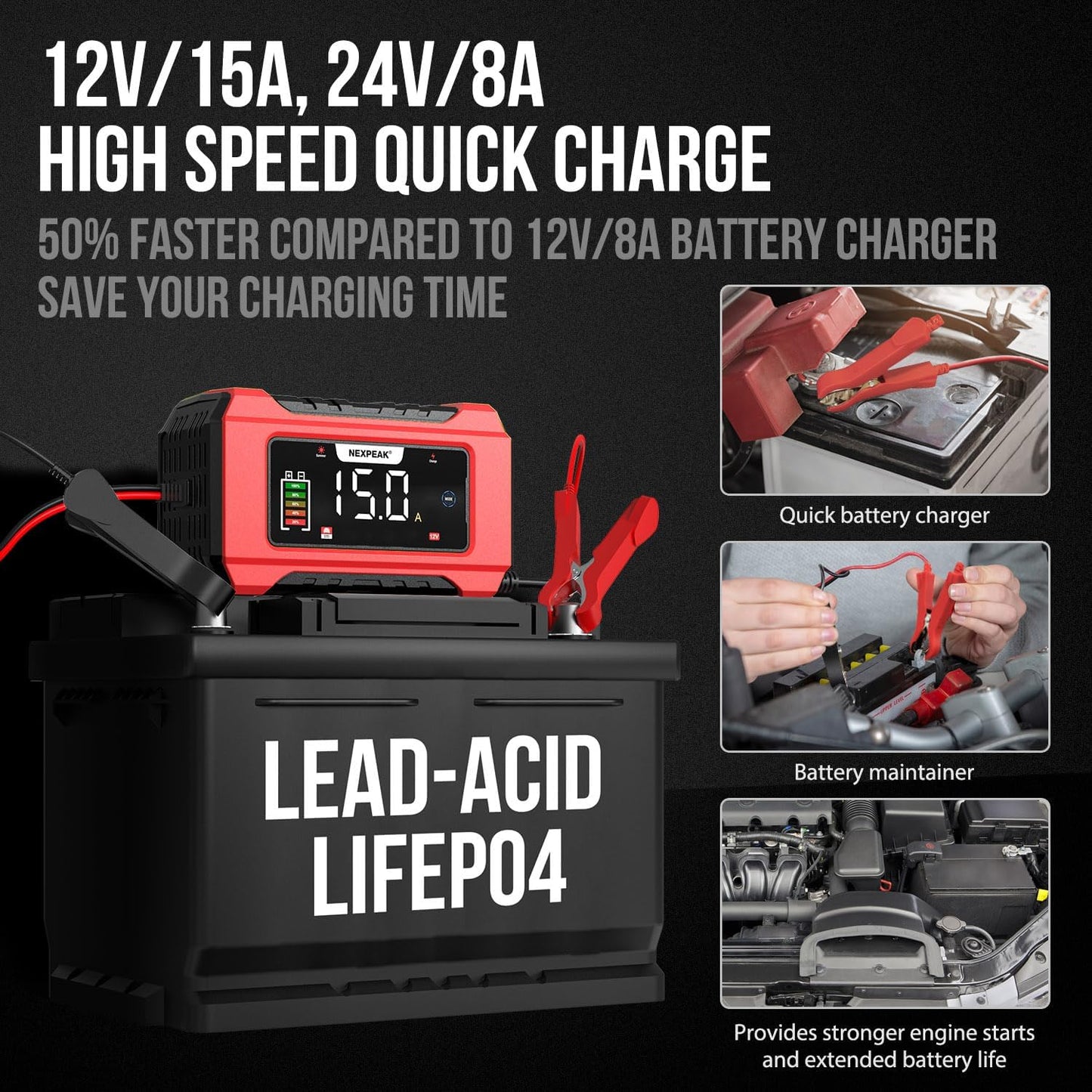 NEXPEAK NC215 15-Amp Battery Charger, Trickle Charger Car Battery Charger 12V 24V LiFePO4 Lead Acid Portable 9-Stage Smart Battery Maintainer w/Temp Compensation for Car Truck Lawn Mower Boat Marine