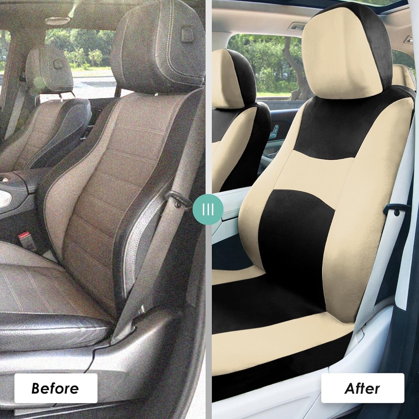 FH Group Light & Breezy Cloth Car Seat Covers, 7 Seater Three Row Set- Airbag & Split Ready -Universal for Cars Trucks and SUVs Beige/Black