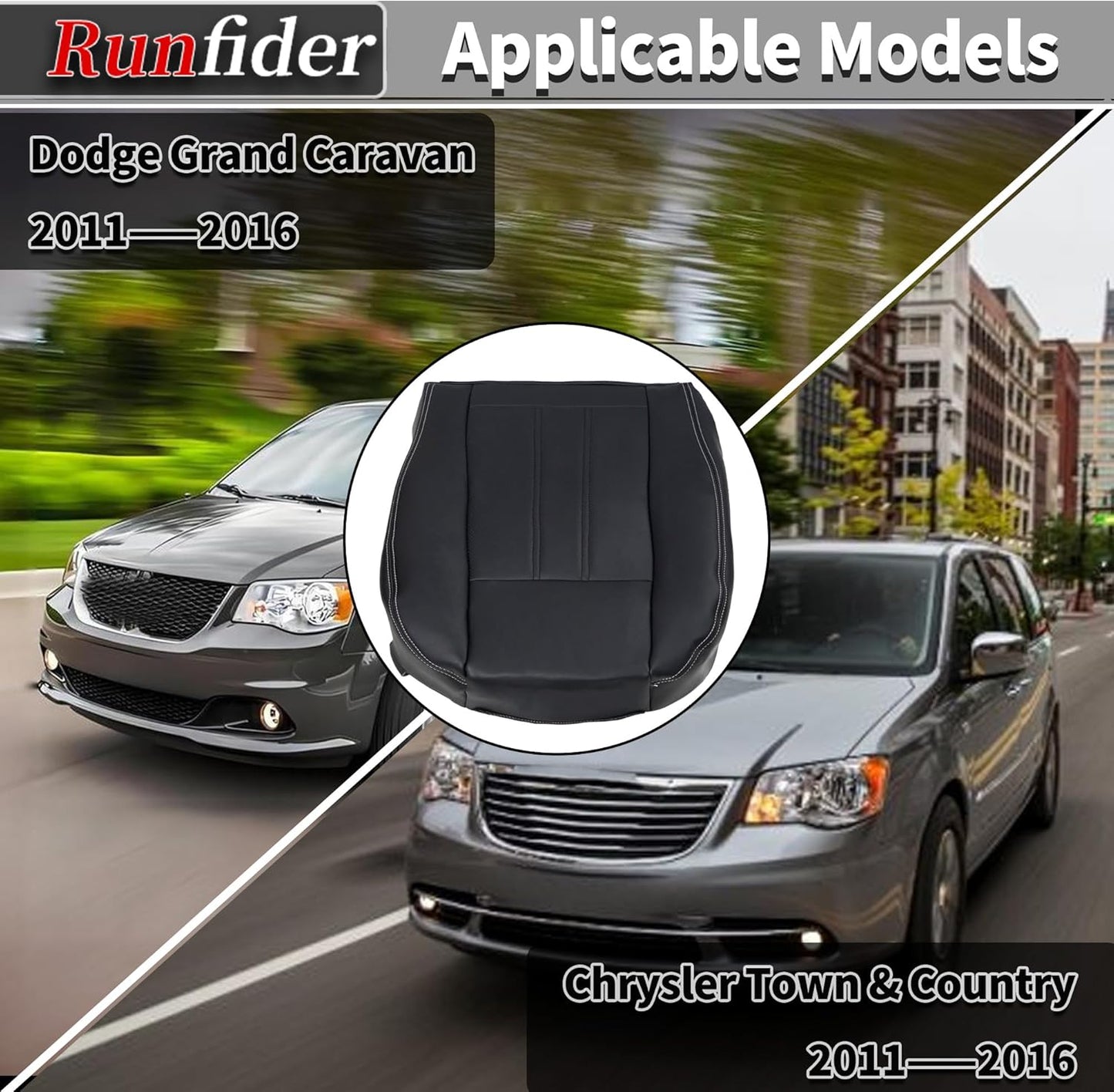 runfider Black Driver or Passenger Side Bottom Replacement Leather Seat Cover Compatible with Chrysler Town & Country Dodge Grand Caravan 2011 2012 2013 2014 2015 2016