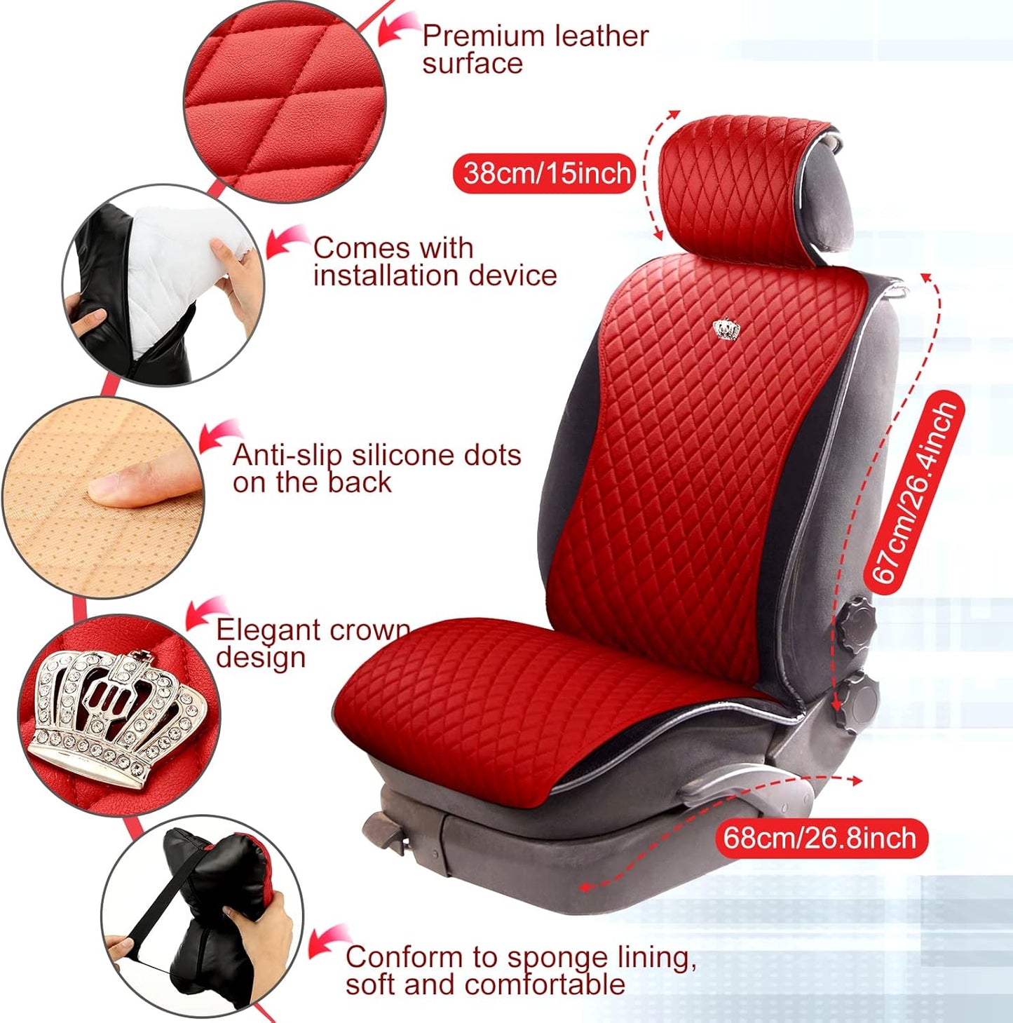 Lauwell 11 Pcs Red Seat Covers Universal Leather Cover for Women 2/3 Covered Gorgeous Steering Wheel Car Neck Pillow Belt Pads Start Button Auto Cup Holder Fit SUV