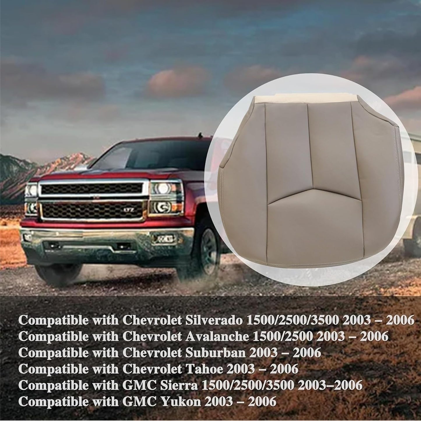 AOUTTUOA Front Driver and Passenger Bottom Microfiber Leather Seat Covers Tan #522 Compatible with Chevy Avalanche Silverado GMC Sierra 1500 2500 3500 HD 2003 2004 2005 2006