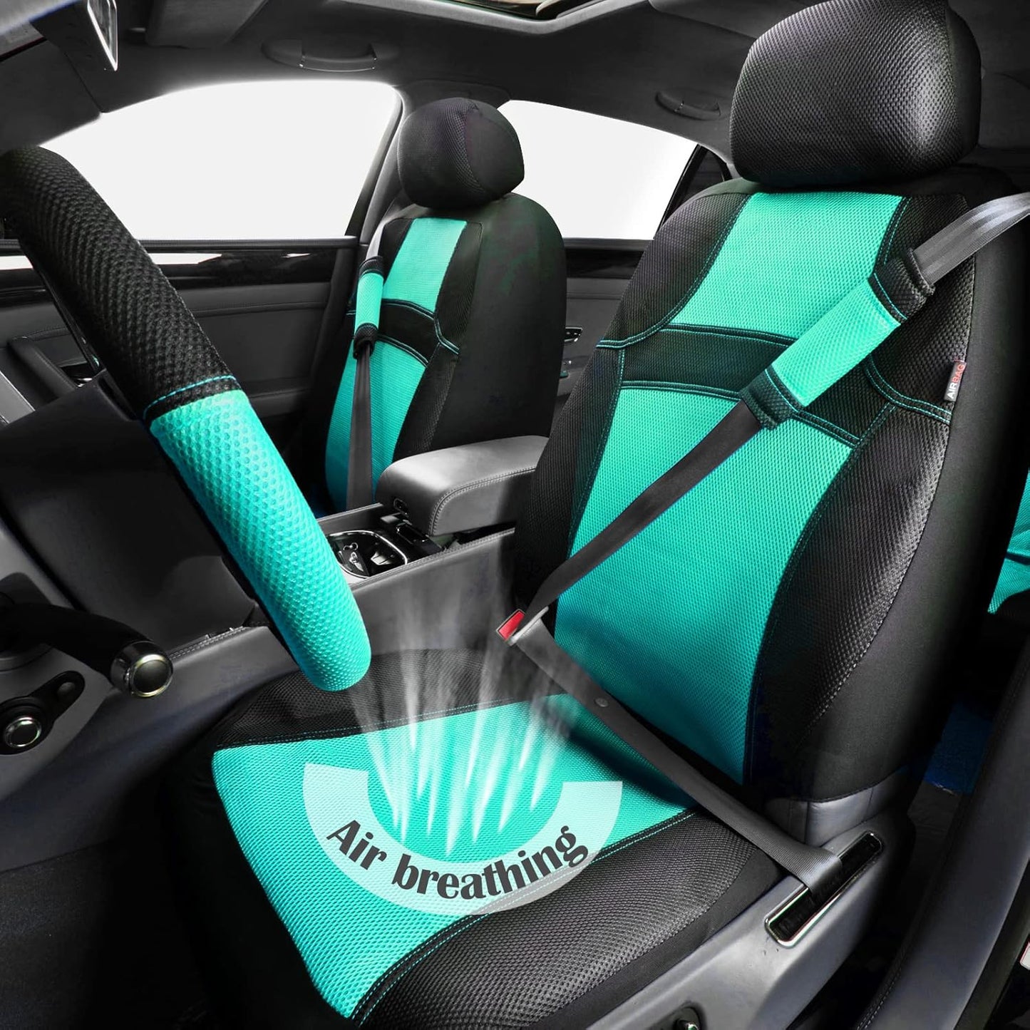 CAR PASS Universal 13PCS 3D Air Mesh-100% Breathable Seat Covers Full Sets#Steering Wheel&Belt Cover #Airbag and Rear Split Bench Compatible#for 90% Automotive SUV Truck Cute Women Black Mint