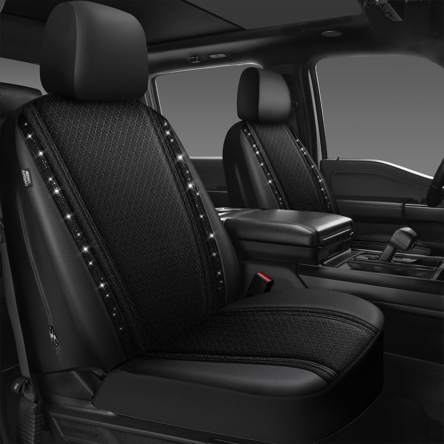 CAR PASS Leather Diamond Bling Car Seat Covers 2 Front Interior Sets, Waterproof Universal Shining Glitter Crystal Sparkle Fit for 95% Automotive Truck SUV Cute Women Girl, Beige Rhinestone