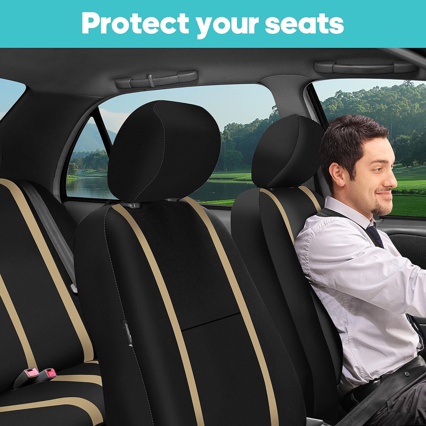 FH-FB032114 Unique Flat Cloth Seat Cover w. 4 Detachable Headrests and Solid Bench Beige/Black