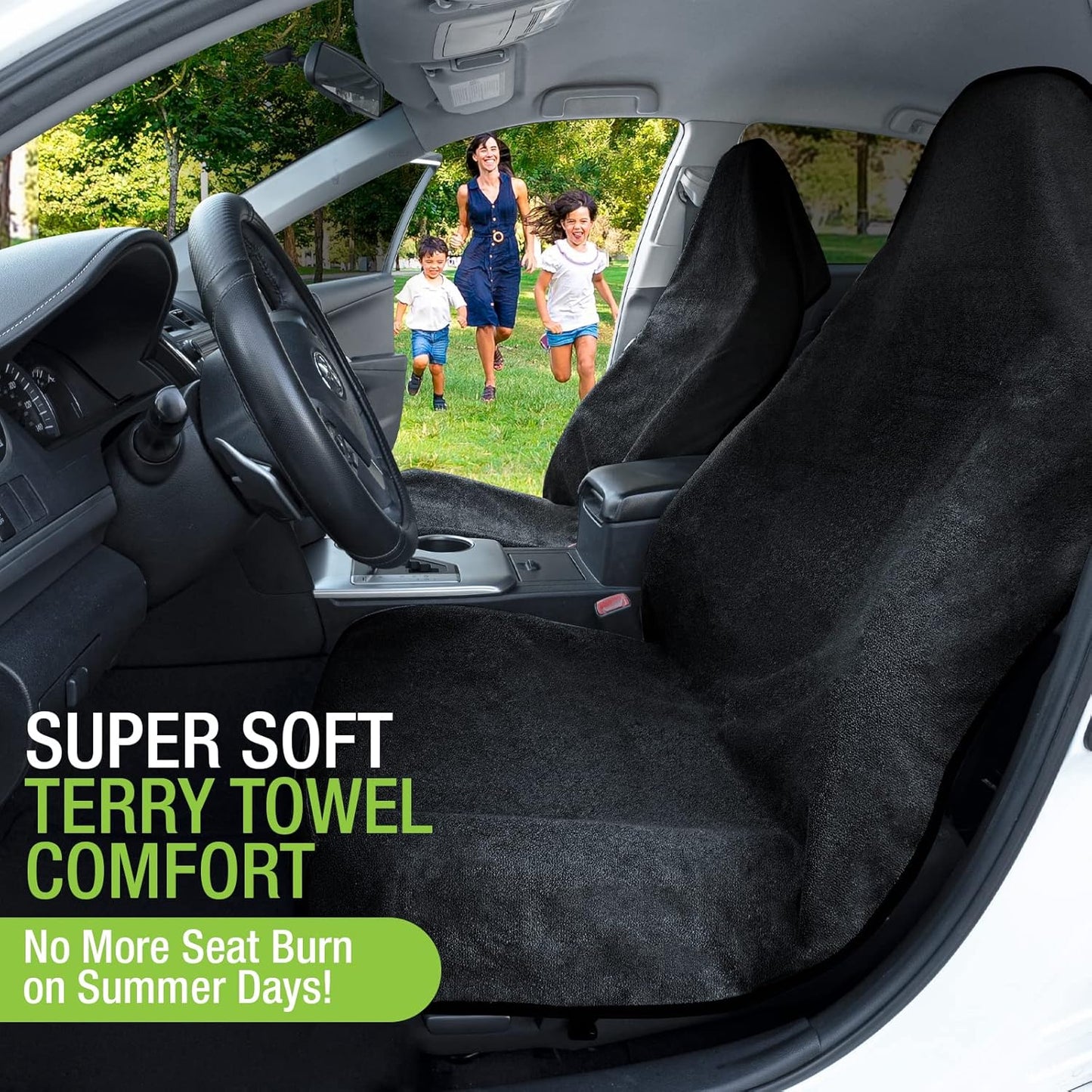 Season Guard Terry Cloth Sweat Towel Seat Cover; Carseat Towel Protector; Great for Gym Workout; Waterproof; Universal Fit for Car SUV Van Truck; EZ fit; Non Slip Grip; Machine Washable; 2pc Black