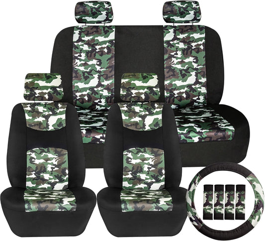 FH Group Full Set Hunting Print Cloth Car Seat Covers - Universal Fit, Low Back Front Seat Covers, Solid Back Seat Cover, Washable Seat Cover for SUV, Sedan, Van, Green