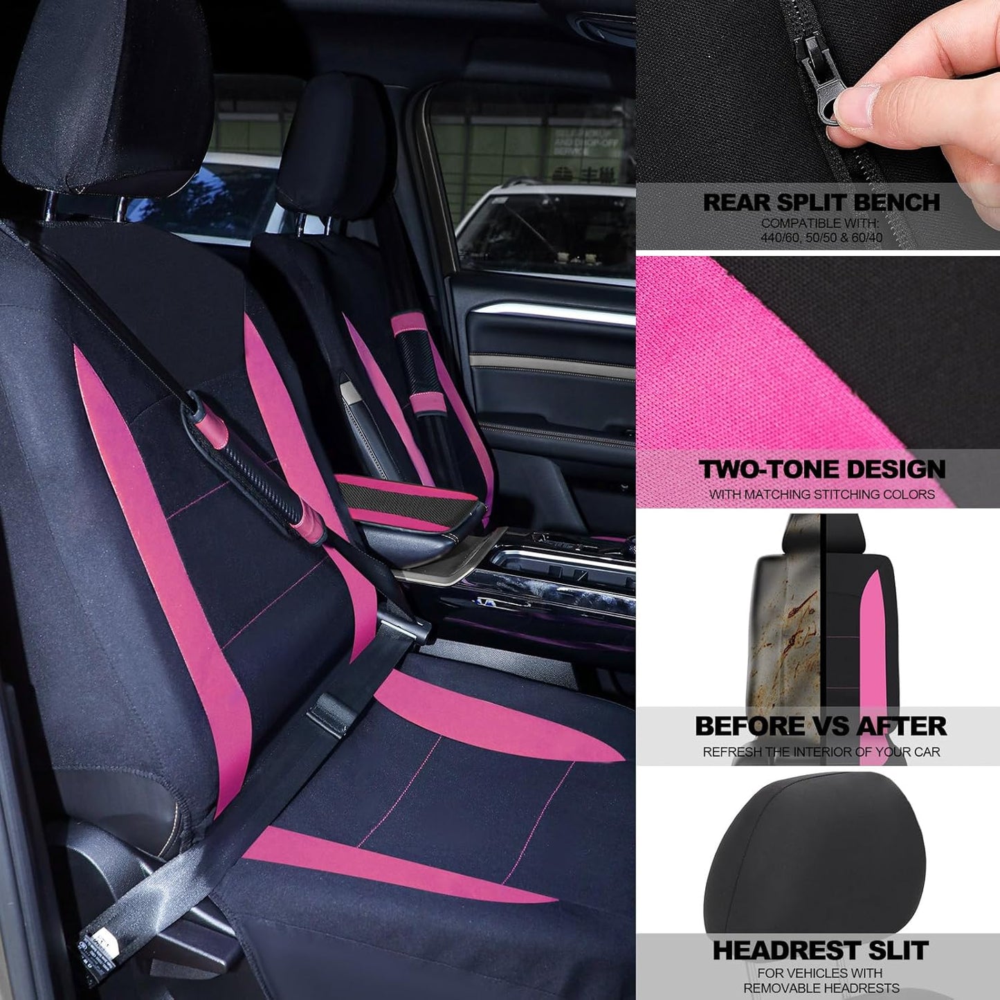 29 Pcs Car Seat Covers Full Set Include Car Seat Protectors, 2 Cup Mat, Steering Wheel Cover, 2 Shoulder Pads, Armrest Pad, 2 Stickers, 20 Air Conditioner Decoration Strip for Women Men (Pink)