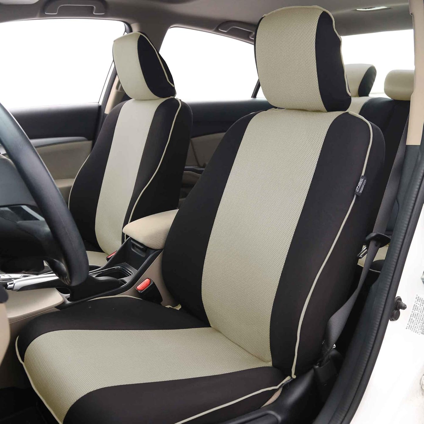 FH Group Car Seat Covers Three Row 8 Seater Cloth Car Seat Covers with Piping (Airbag and Split Ready) - Universal Fit for Cars Trucks & SUVs Beige/Black