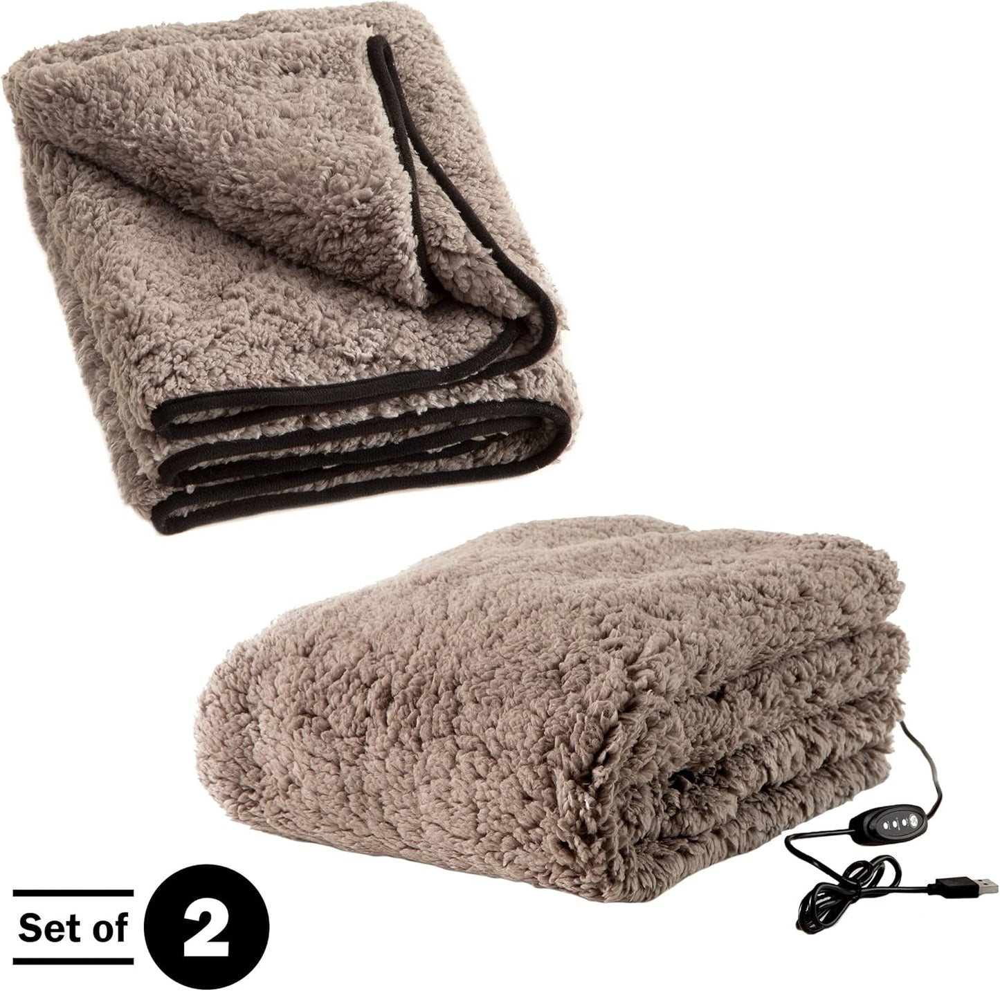 Stalwart Heated Blanket 2-Pack - USB-Powered Sherpa Throw Blankets for Travel, Home, Office, or Camping - Winter Car Accessories (Gray)