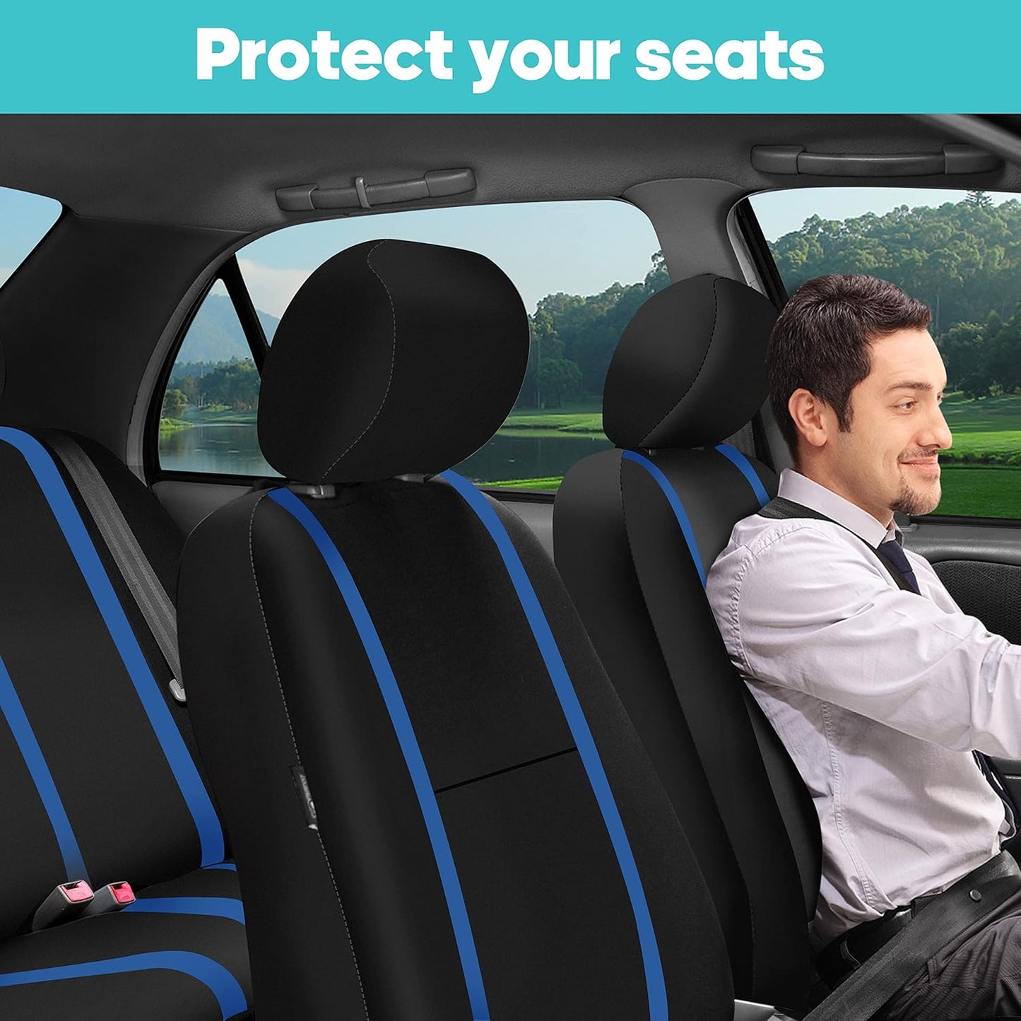 FH-FB032114 Unique Flat Cloth Seat Cover w. 4 Detachable Headrests and Solid Bench Blue/Black