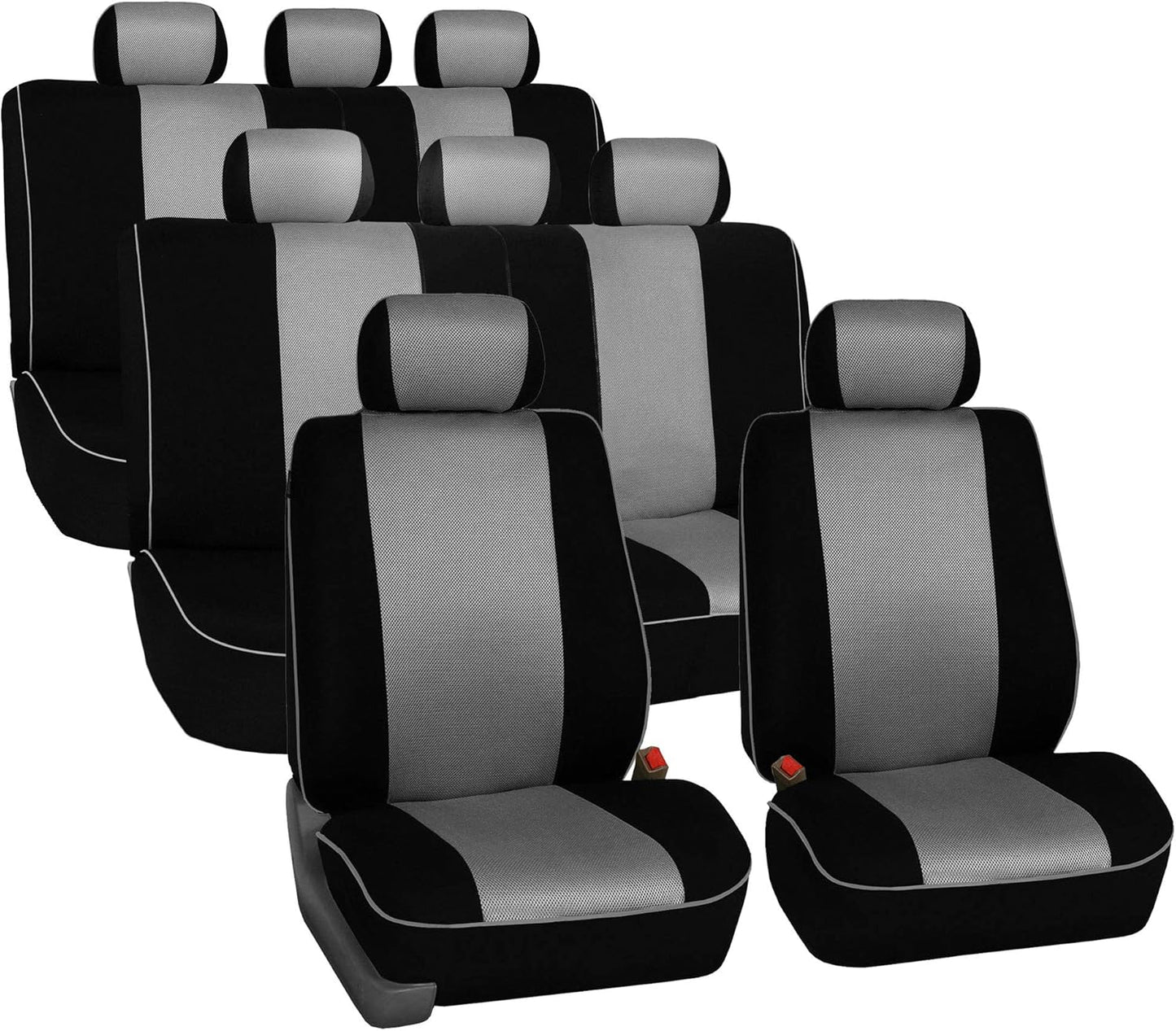FH Group Car Seat Covers Three Row 8 Seater Cloth Car Seat Covers with Piping (Airbag and Split Ready) - Universal Fit for Cars Trucks & SUVs Beige/Black