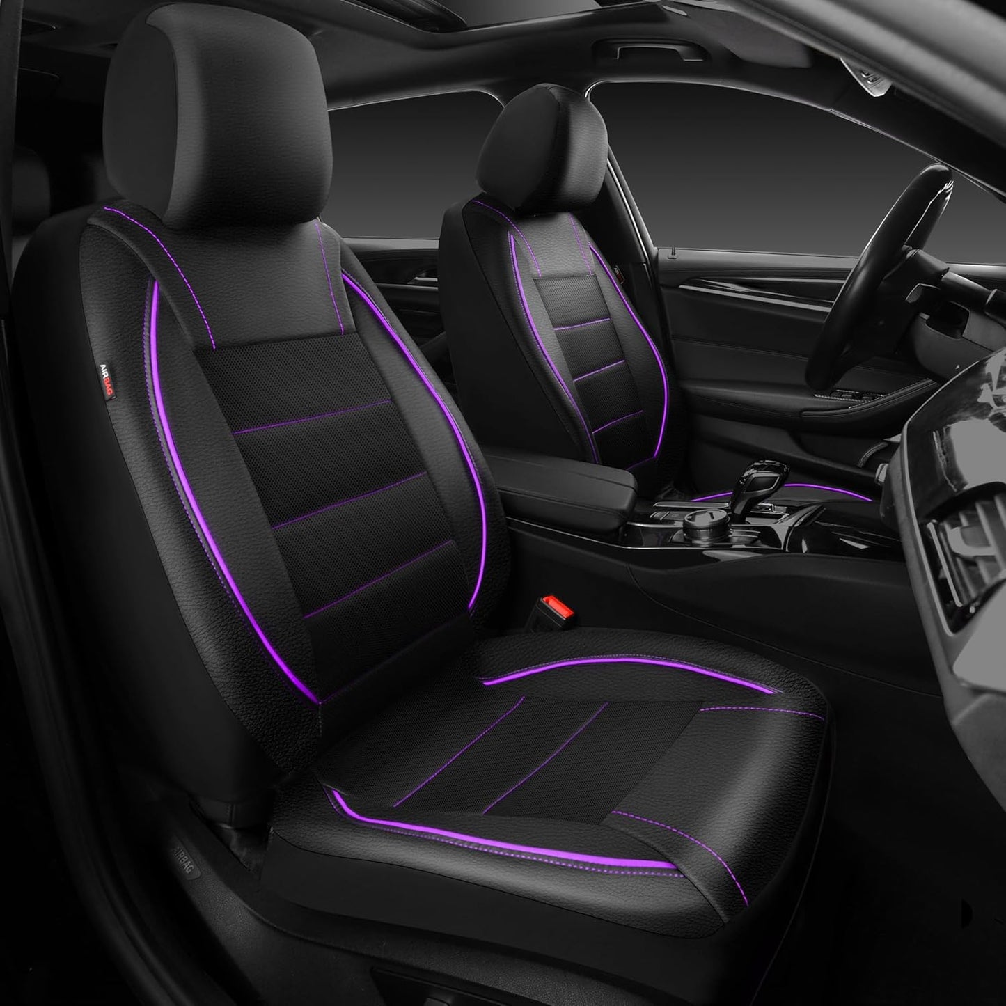 CAR PASS Universal FIT Piping Leather Car Seat Cover, for suvs,Van,Trucks,Airbag Compatible,Inside Zipper Design and Reserved Opening Holes (Full seat Covers, Black and Beige)
