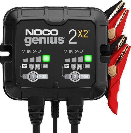 NOCO GENIUS2X2: 4A 2-Bank Smart Battery Charger (2A/Bank) - 6V/12V Automatic Maintainer, Trickle Charger & Desulfator with Overcharge Protection & Temperature Compensation – for Lead-Acid & Lithium