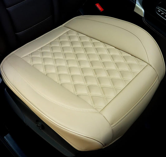 Mefuzn 2 Pack Car Seat Covers Front Seat Luxury PU Leather Car Seat Cushions Covers Compatible with 90% Vehicles Edge Wrapping Car Front Seat Cushion with Storage Pockets (Beige-2PCS)